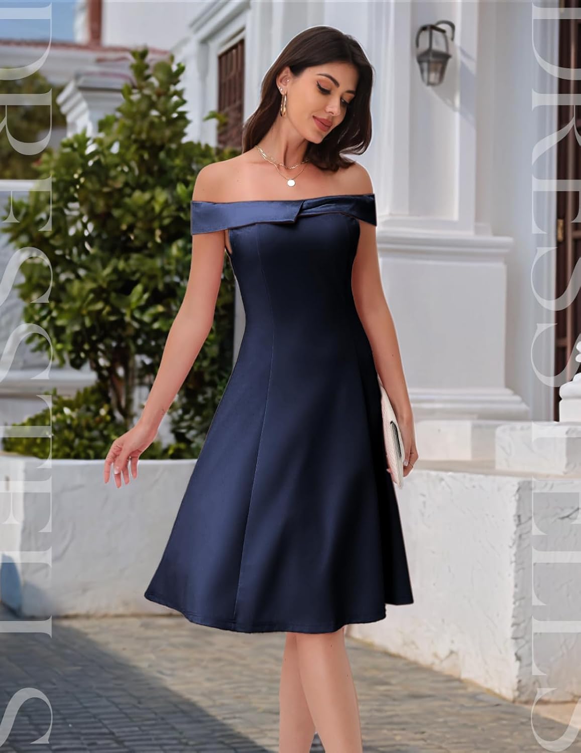 DRESSTELLS Womens Cocktail Wedding Guest Party Dress Off Shoulder Formal Prom Aline Midi Dresses - Image 3