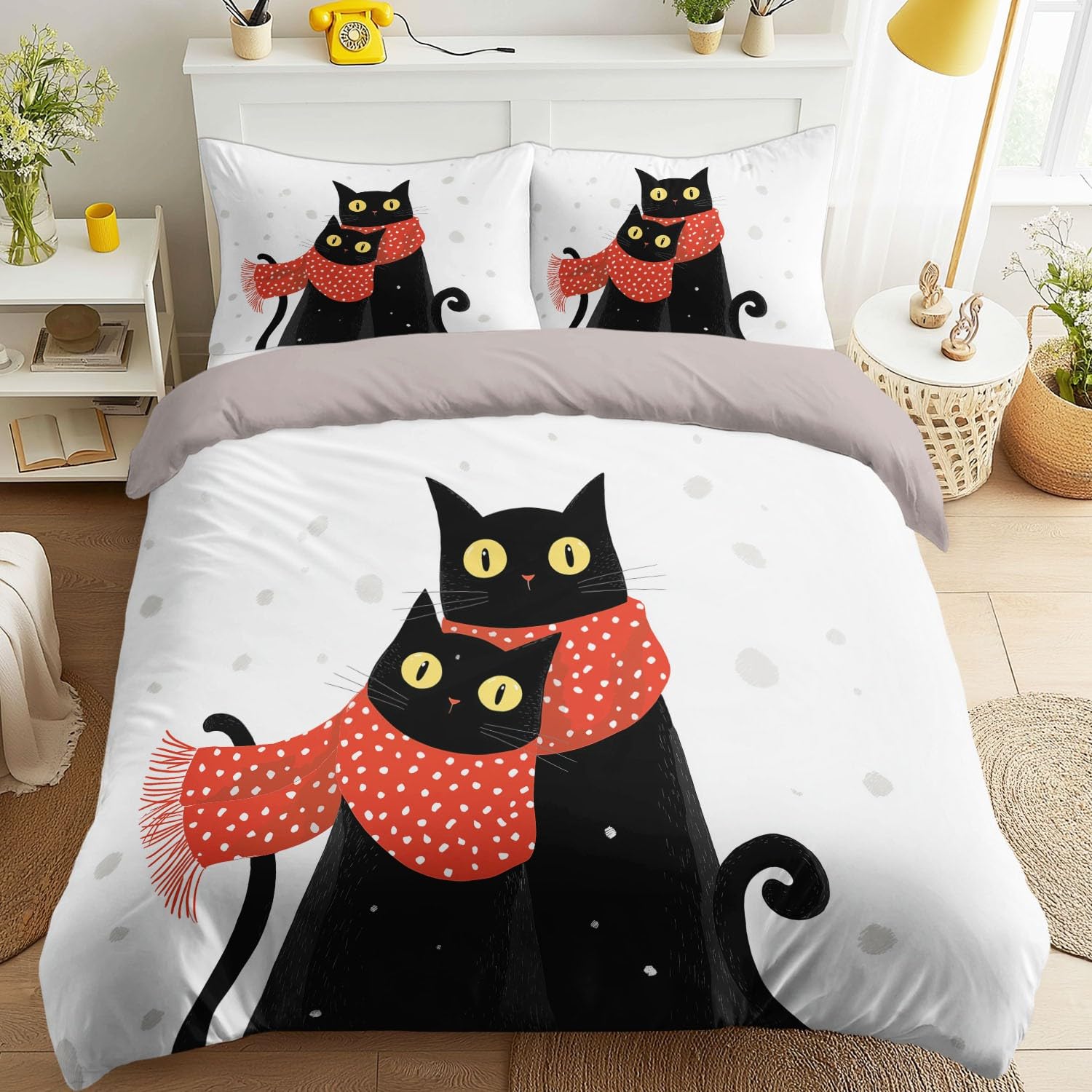 Generisch Katzen Schals Weiche Bettwäsche Pärchen Tiermotiv Atmungsaktiv Minimalistisch Modern Hautfreundlich Bettbezug, 200 x 200 Bettwäsche für Erwachsene - Grau