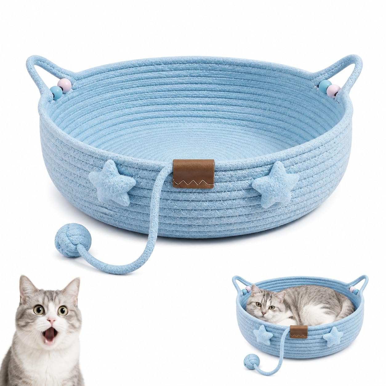 Cotton Rope Cat Basket, Round Handwoven Cat Scratch Bed with Toy Ball