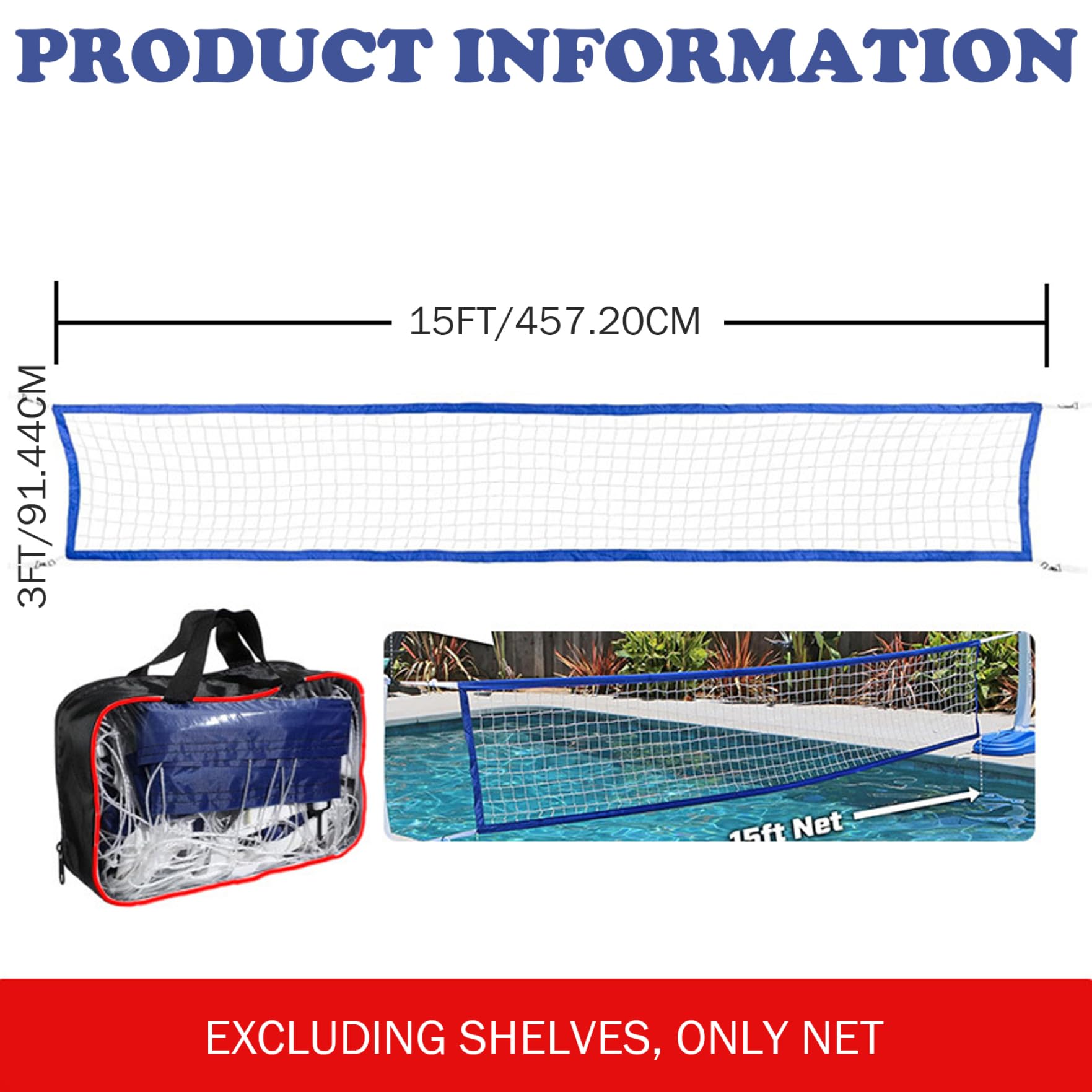 Filet de Volleyball Piscine 3x15ft Lourde pour Piscines Enracinées Jeux d'Eau Extérieur