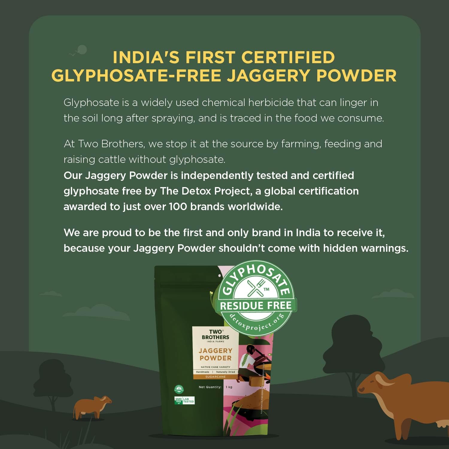 Two Brothers India's Only Certified Glyphosate Free Sugarcane Jaggery Powder(1kg) Natural Sweetener|Refined Sugar Alternative | Hand-Crushed Natural Jaggery Powder | Pure Chemical-Free Crushed Gud | Native Variety Sugarcane