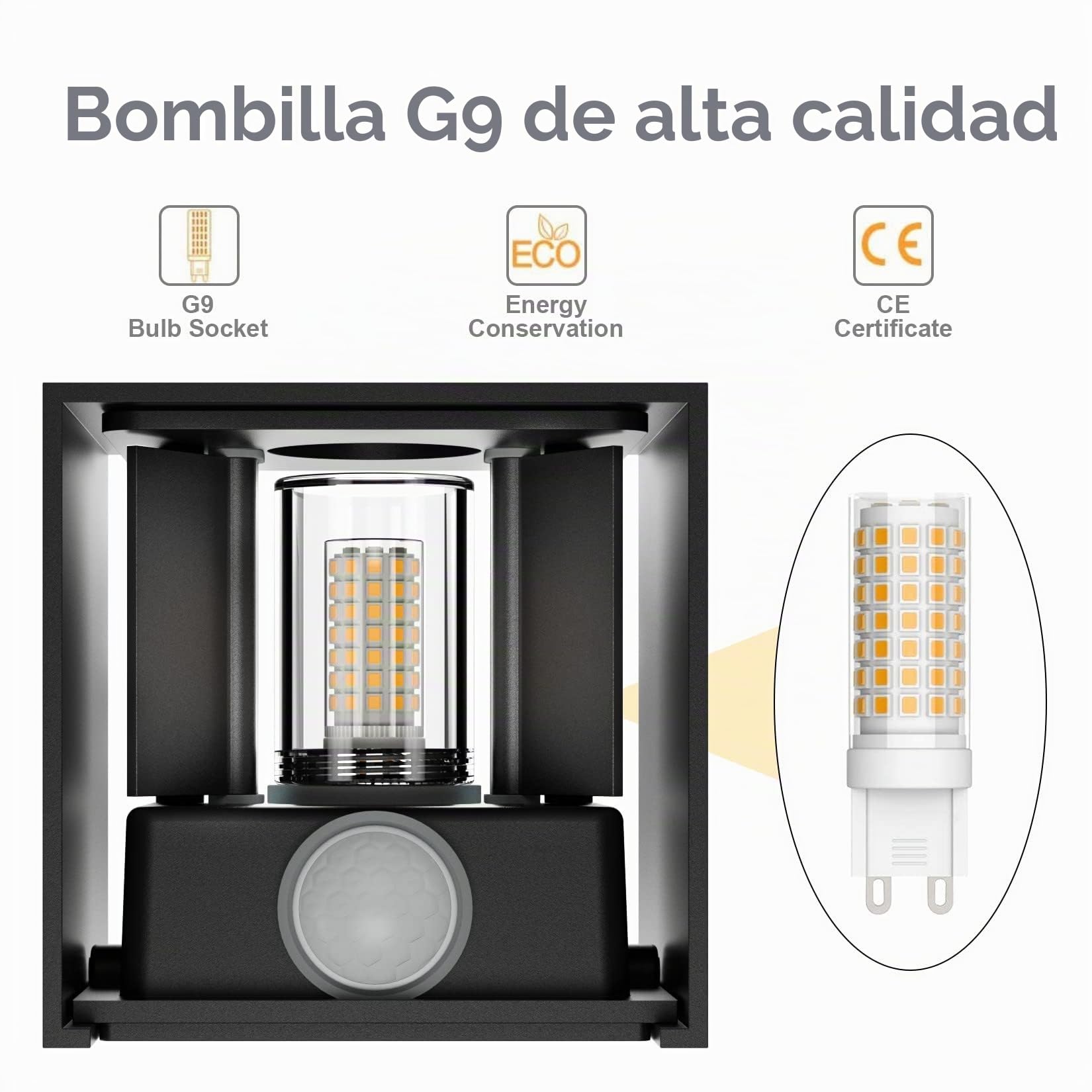 Klighten 4PCS Aplique Pared Con Sensor de Movimiento, IP54 Apliques Con G9 LED Bombillas Reemplazables, Blanco Cálido 3000K Lampara de pared Interior/Exterior Ángulo ajustable Lámpara Pared, Negro