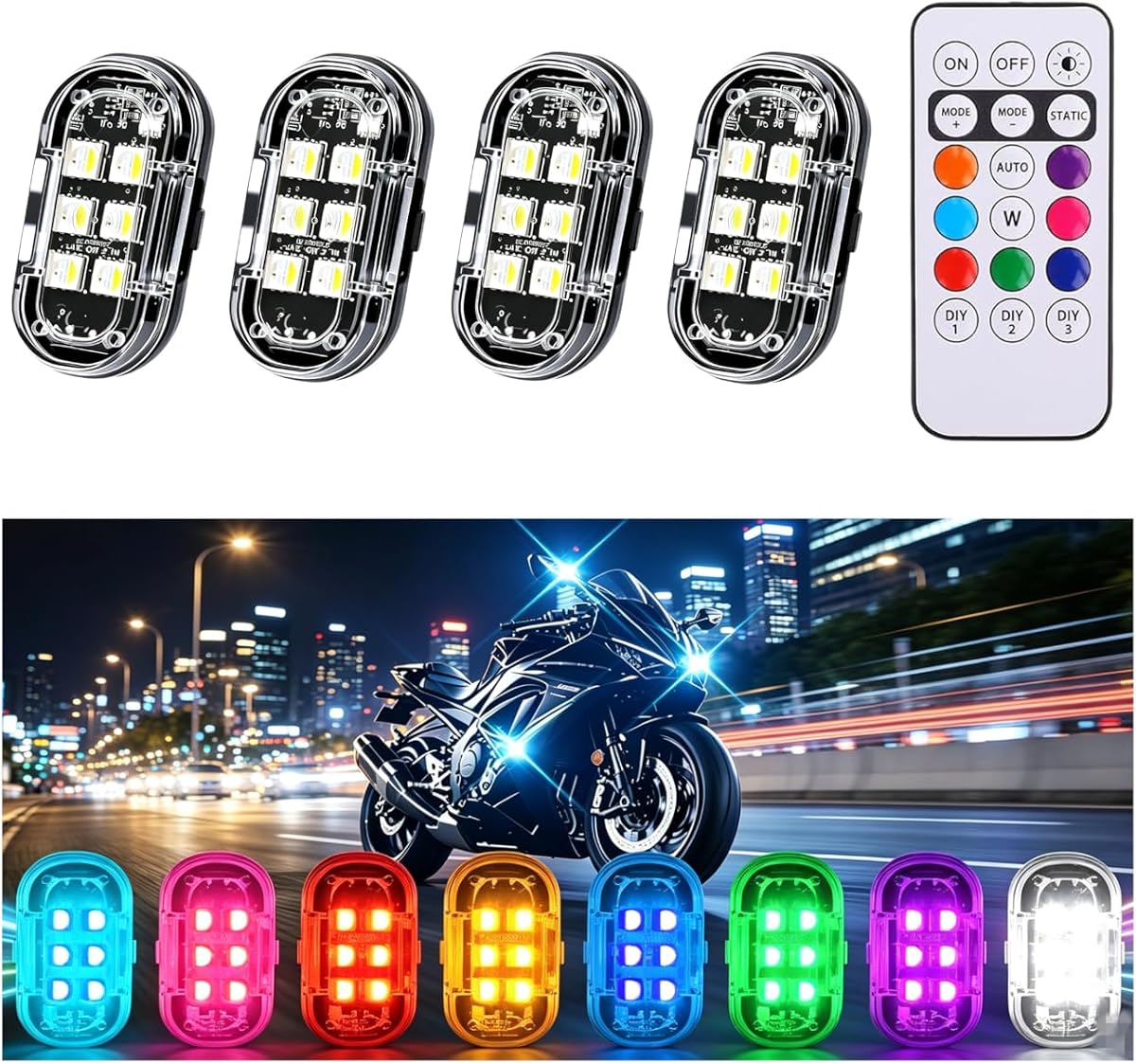 LED Strobe Light with Remote Control, Wireless 6 LEDs RGB Marker Lights, Grille Lights, Warning Lights, Pod Lights for Car Motorcycle Bike Drone, 10 Glowing Modes, Type-C Rechargeable (4PCS)