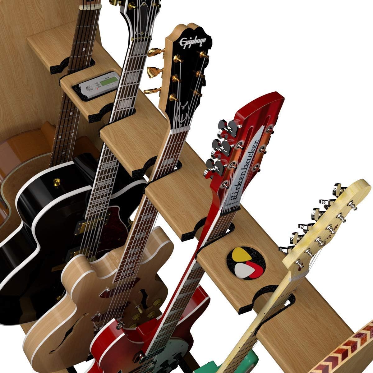 A&S Crafted Products 5 Guitar Stand for Acoustics & Electrics - The Session Deluxe | Red Oak | Nitro Safe | Made in U.S.A.