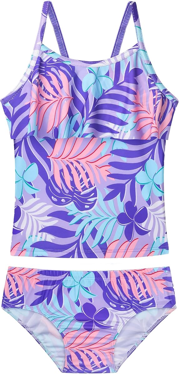 Traje de baño tankini para niñas UPF50+ con volantes, traje de baño de 2 piezas, cobertura completa, traje de baño para niños de 2 a 14 años