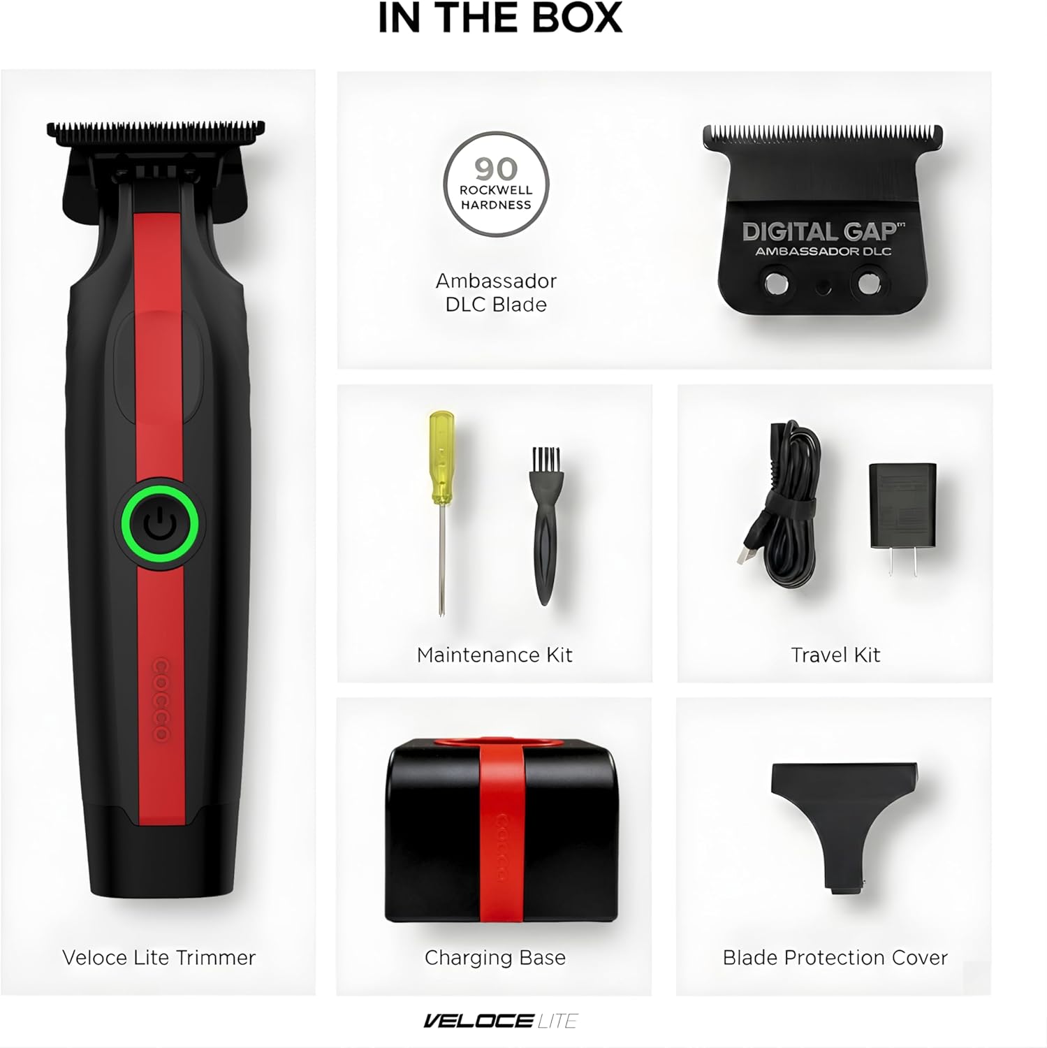 Cocco Veloce LITE Professional Hair Trimmer for Men – DLC Blade, Cordless Barber Trimmer with 7000 RPM Motor, USB-C Fast Charging, 4-Hour Runtime, Beard & Hair Detail Trimmer (Red & Black)