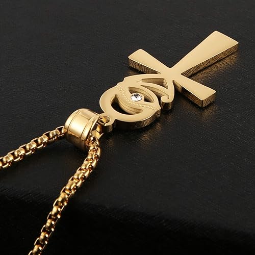 Miniatura 4 de HZMAN Collar religioso con dije de cruz de Ankh de Ojo de Horus Egipto y Copta de acero inoxidable dorado con cadena Figaro de 24 pulgadas