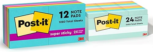 Post-it Notas súper adhesivas, 3 x 3 pulgadas, 12 blocs, 2 veces el poder de adherencia, neones supernova, colores brillantes, reciclables