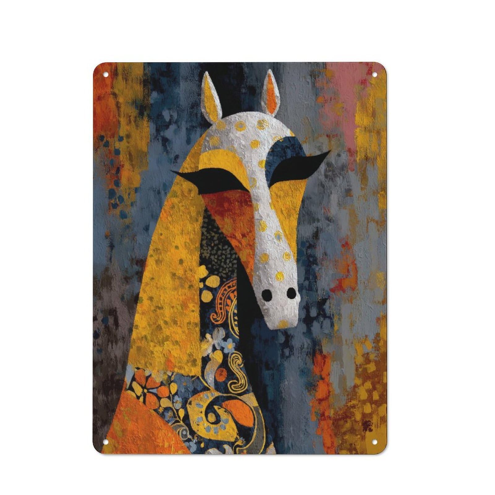 Abstract Horse Portrait with Floral Patterns Vintage Metal Wall Decor 40x30cm, Tin Wall Sign for Restaurant, Kitchen, Counter Or Breakfast Nook