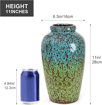 11 Inch Tall Ceramic Flower Vase, Unique Green Blue Vase for Home Decor | Modern Flower Vase for Living Room, Tables, Shelves & Enterways, Gift for Housewarming, Wedding, Birthday