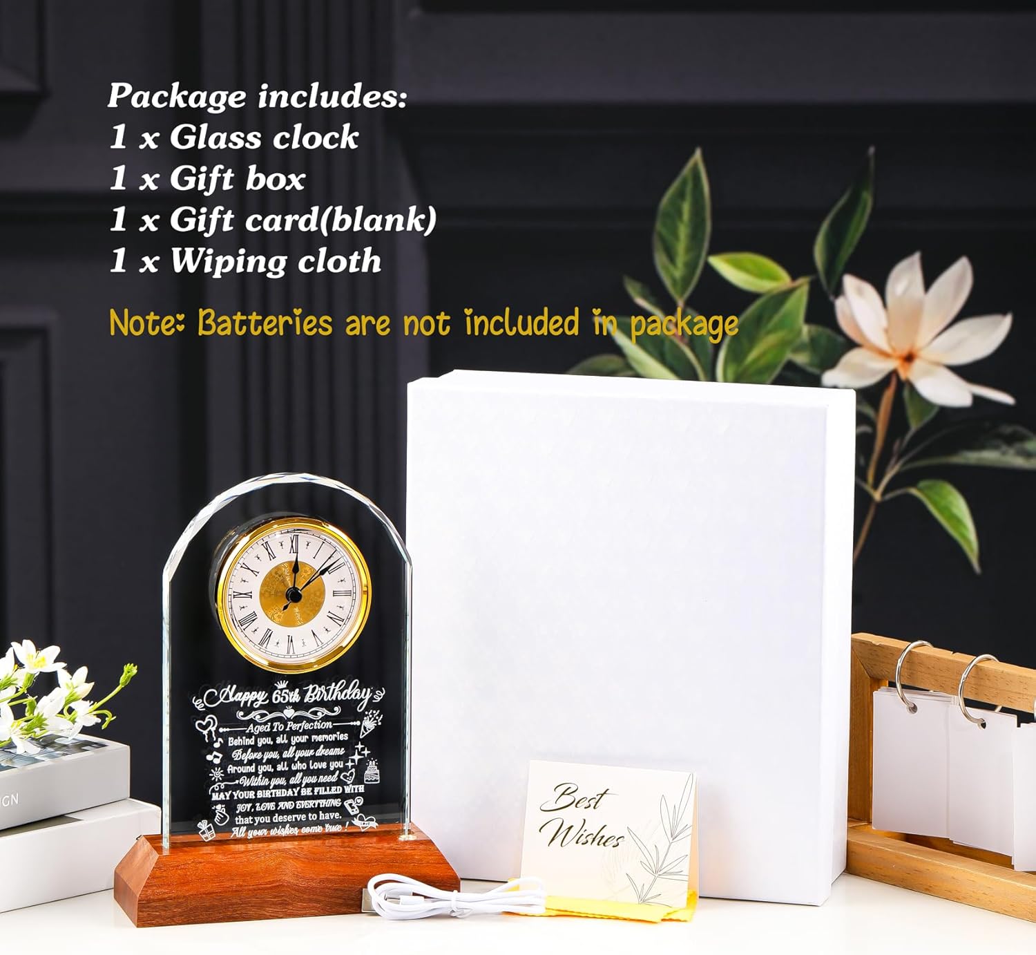 Happy 65th Birthday Crystal Clock Gifts for Women Men 65 Years Old Birthday Present for Parents 65th Quartz Clock Birthday Gifts with Wooden LED Light Base for Her Him