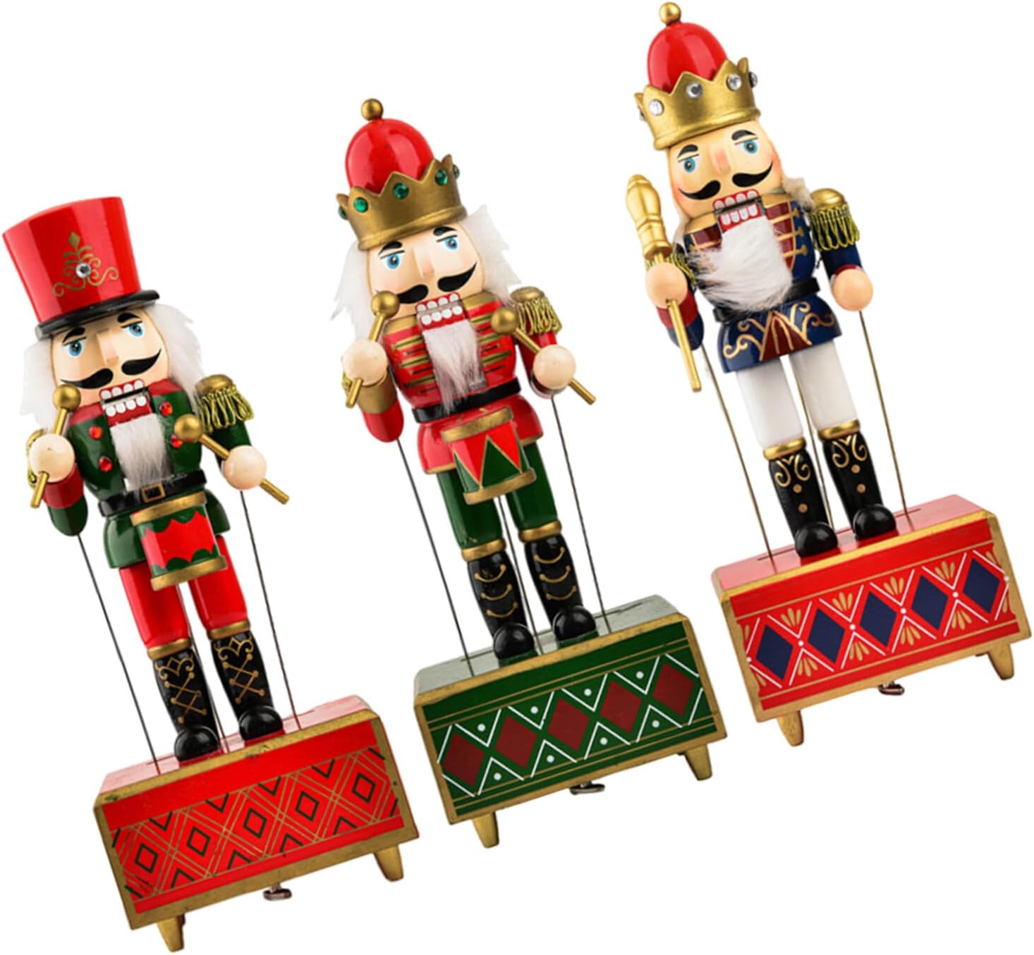 VANZACK 3pcs 32cm Classic Wooden Nutcracker Music Box Set with Spiral Design, Holiday Desktop Nutcracker Figurines for Christmas and New Year Decoration