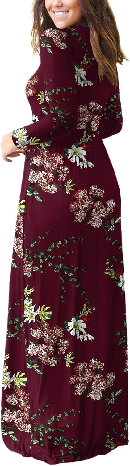 GRECERELLE Women Long Sleeve Casual Round Neck Loose Solid Floral Maxi Long Dress with Pockets, S-3XL - Image 3