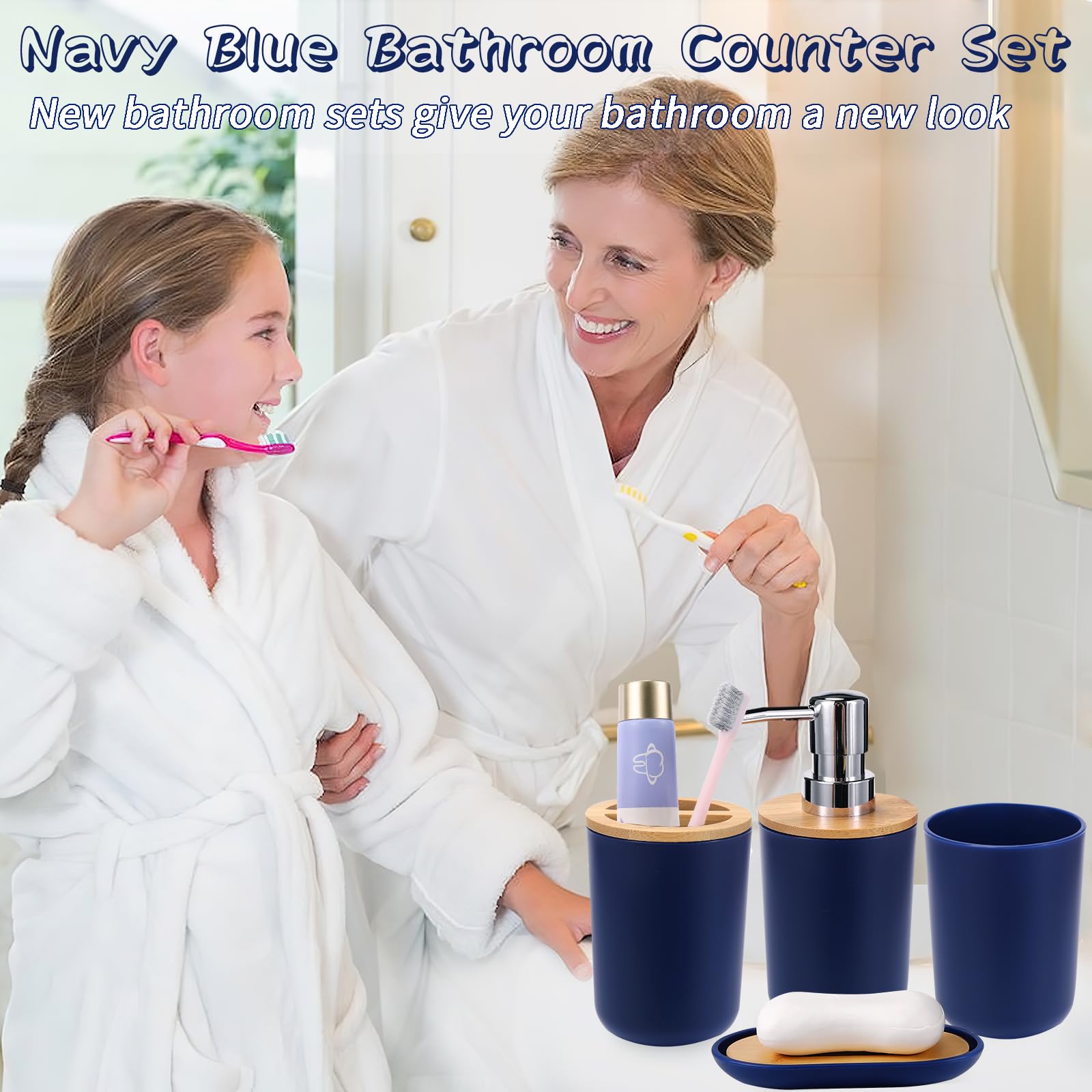 SLDIYWOW - Accesorios de baño azules, 9 accesorios de baño azul marino con cubo de basura, bandeja, dispensador de jabón, soporte para cepillos de dientes, vaso para cepillos de dientes, jabonera