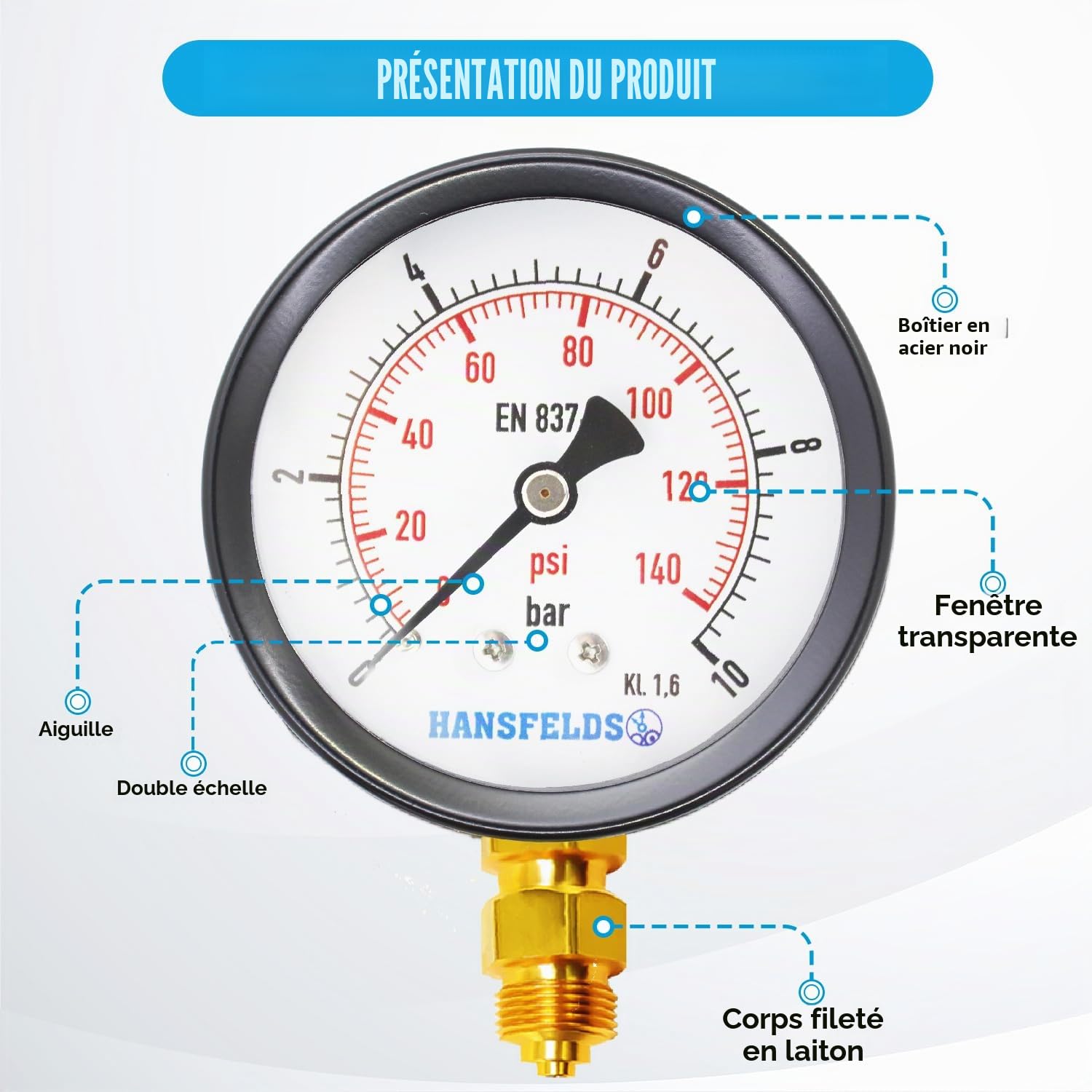 manomètre sec, 0–10 bar/psi, cadran de 63 mm, raccord inférieur en laiton G1/4" BSP, classe de précision 1.6, incluant 2 réducteurs 3/8" et 1/2".
