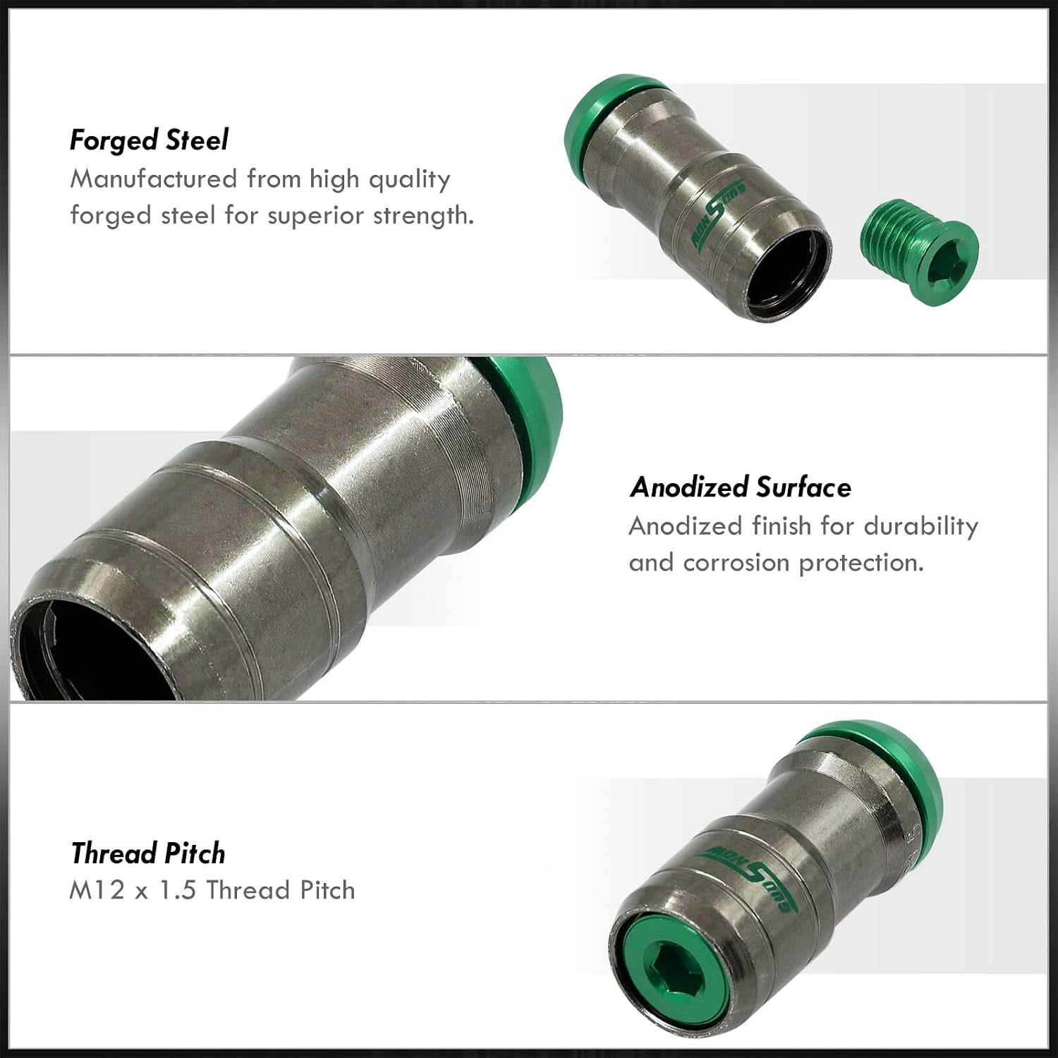 AJP Distributors 20 Piece Universal M12x1.5 Open or Closed End Steel Lug Nuts, 20pc M12 x 1.5MM Lug Nut Set + Locking Adapter Key Socket Wheels Rims JDM VIP Kit Gunmetal Body Green Cap