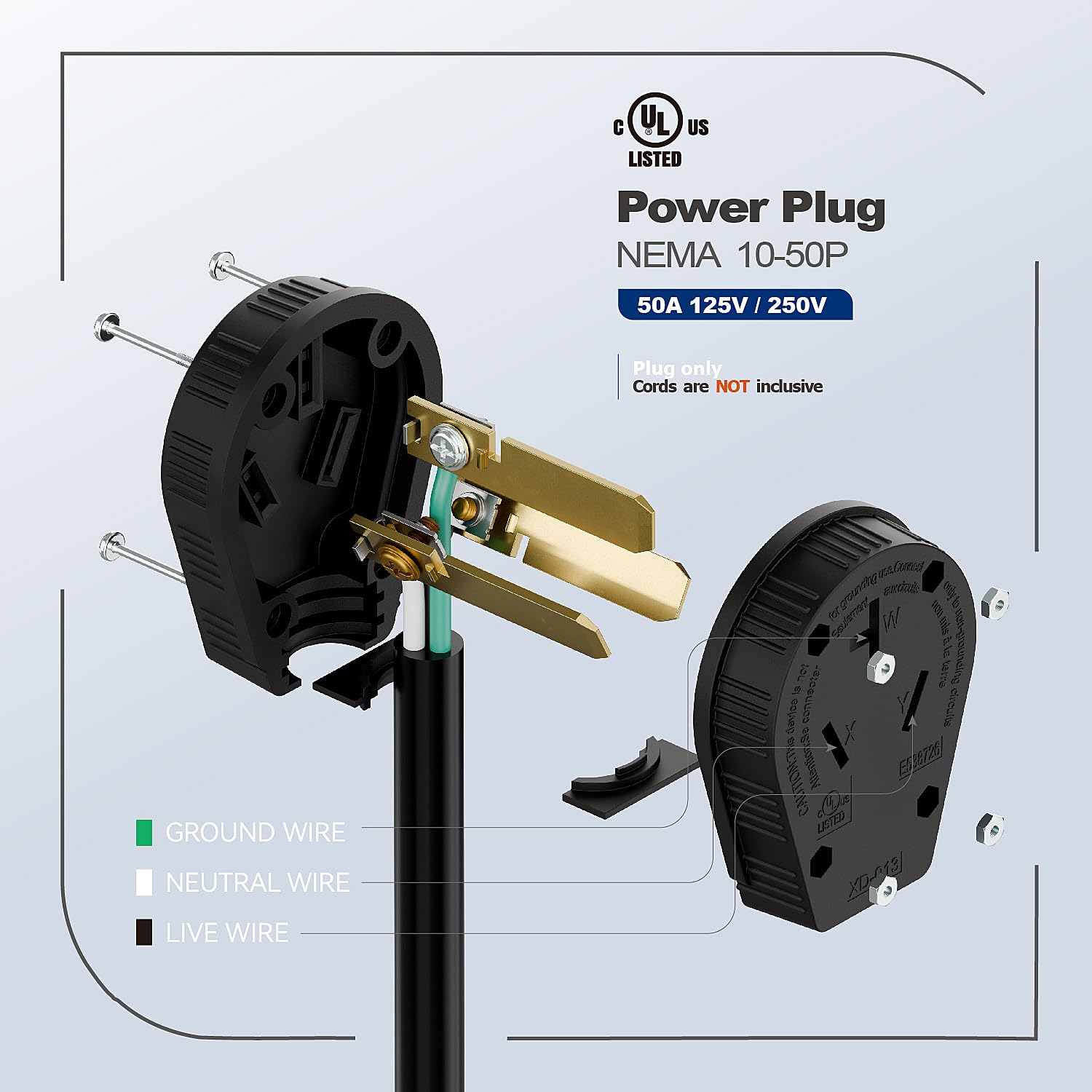50Amp 3-Prong Dryer Nema 10-50P Plug 30/50A, 125/250V Angle Plug, 3 Pole 3 Wire Grounding Straight Blade Plug for Dyer and Ranges