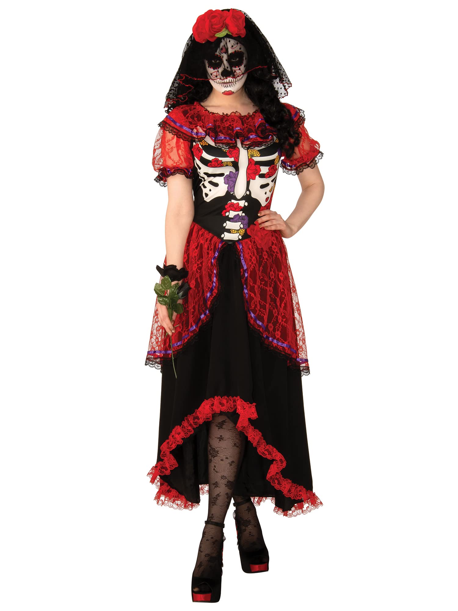 Bristol Novelty 301577M Day Of The Dead Adult Costume, Women, Red, Black, White, Medium Halloween