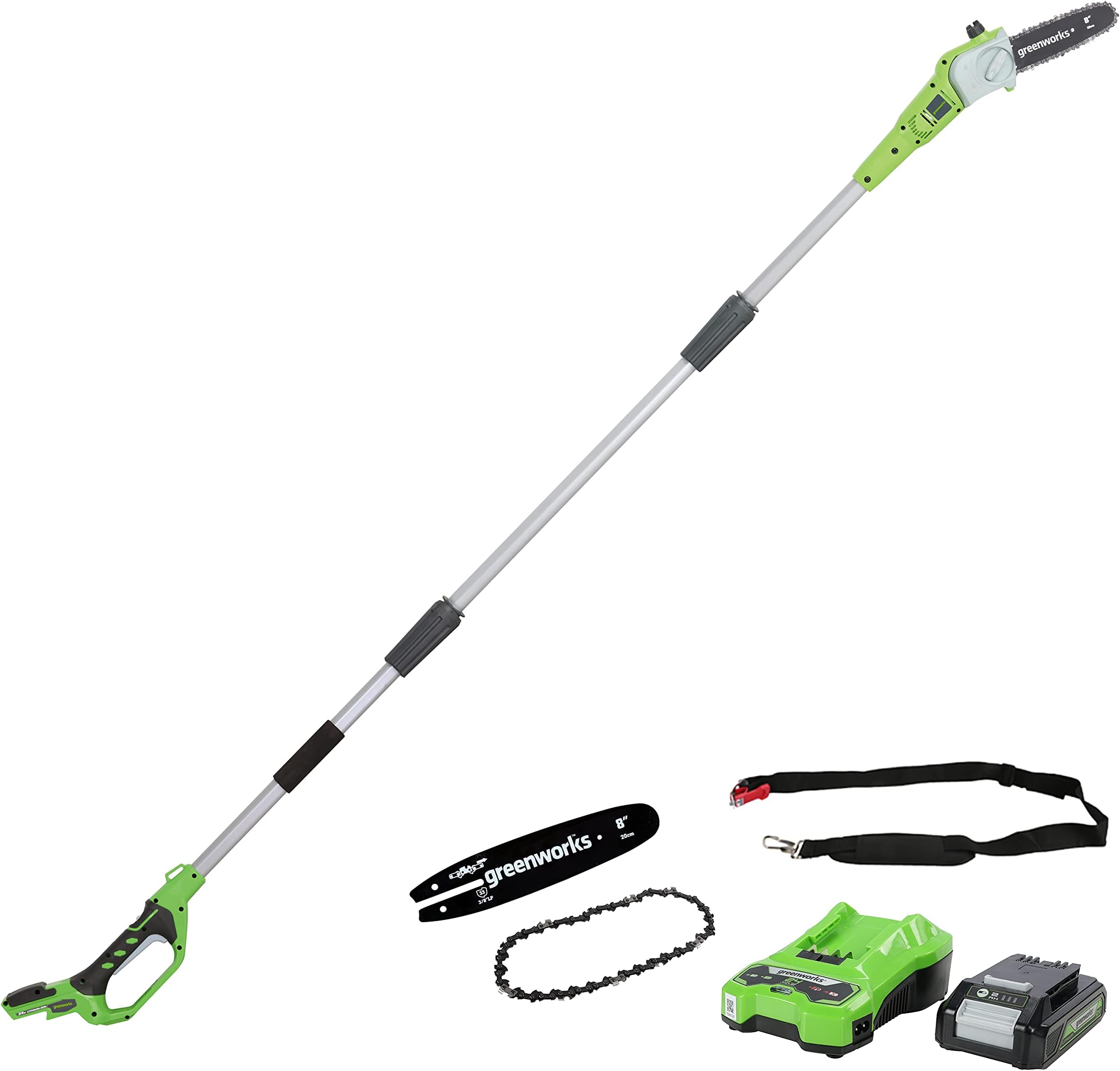 Greenworks Tools G24PS20K2 Cordless Pole Saw with 2 Ah Battery and Charger, 24 V, Green, 20 cm+Saw chain for Chainsaw -29507, black+ Chainsaw Guide Rail - 29497, black, 7 x 39 x 2 cm
