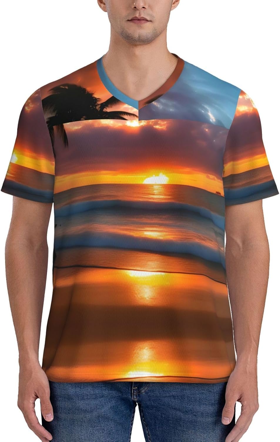 Sunset Beach Rugby Football Jersey for Men, Comfortable V-Neck Loose Fit Top for Team Sports Athletics