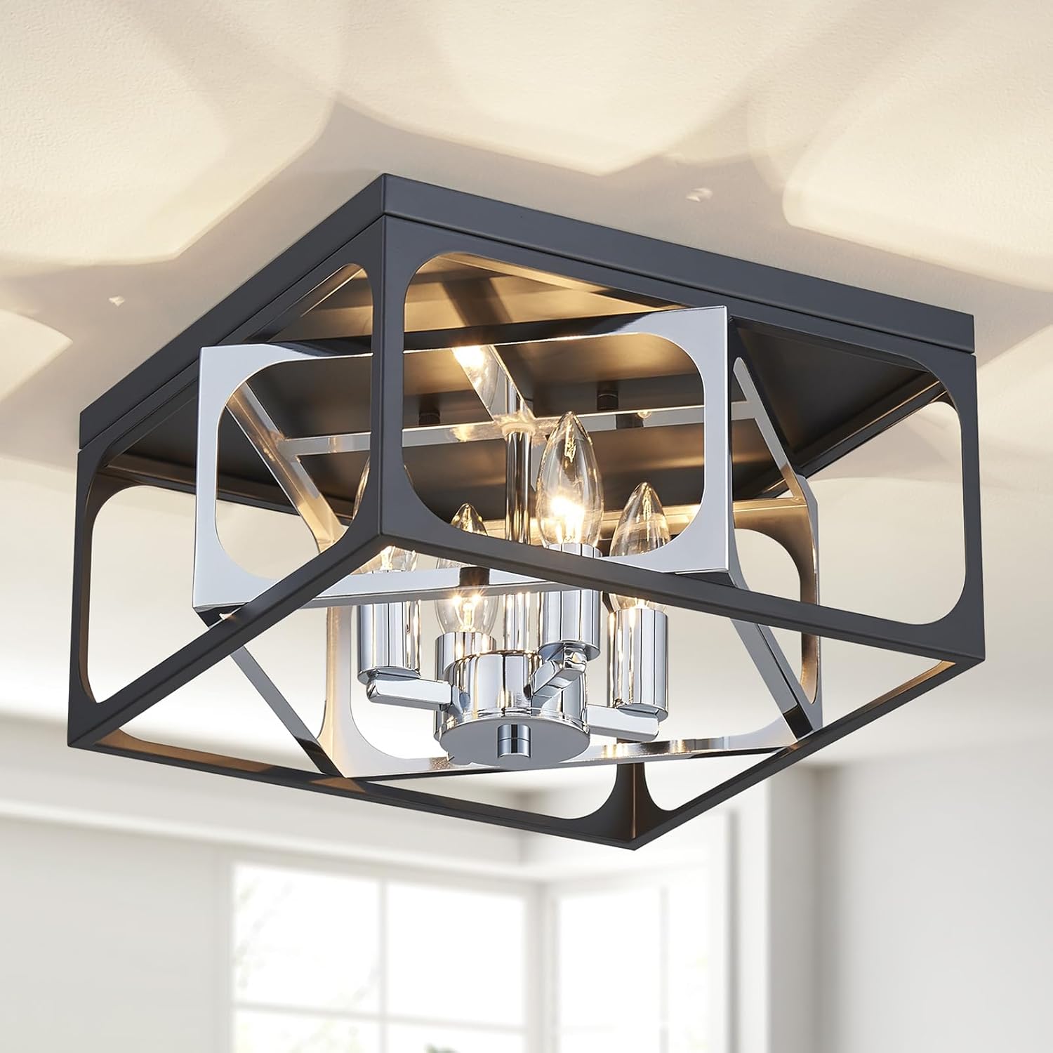Modern 4-Light Square Flush Mount Ceiling Light | Black & Chrome Industrial Chandelier | E12 Socket Ceiling Fixture for Dining Room, Living Room, Bedroom, Entryway (12.6" x 12.6" x 10.7")