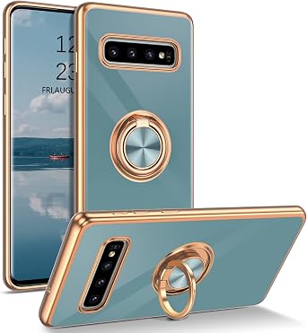 DUEDUE for Samsung Galaxy S10 Plus Case with Ring Holder Kickstand 360 Degree Rotation Magnetic Car Finger Slim Cover Shockproof Full Body Protective Phone Case for Samsung S10 Plus, Gray Green