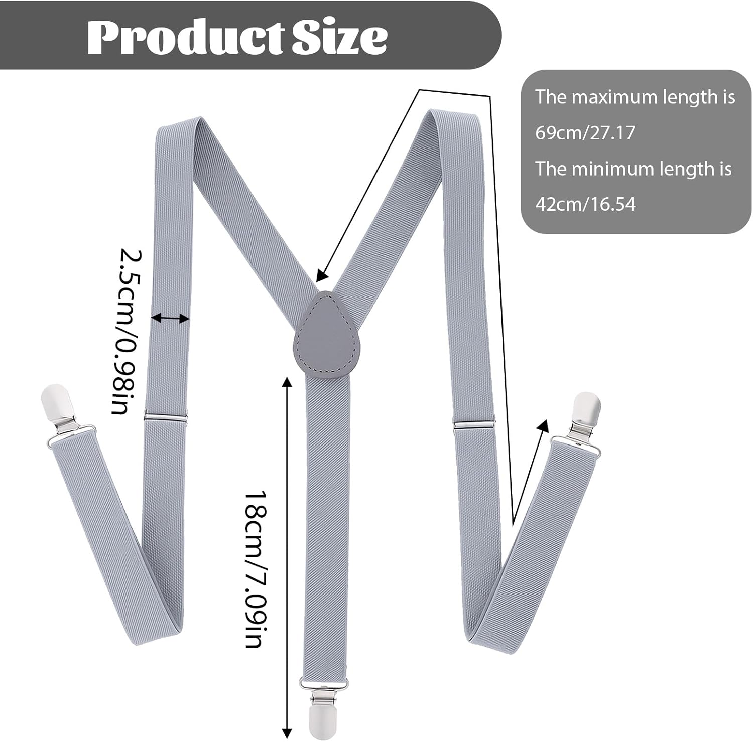 1 Inch Grey Suspenders for Men Y Shape Suspender Set with 3 Strong Clips Adjustable Braces, Y Shape with Strong Clips Adjustable Elastic Solid Color 1 Inch Wide YShape Costume Suspenders, Grey - Image 2