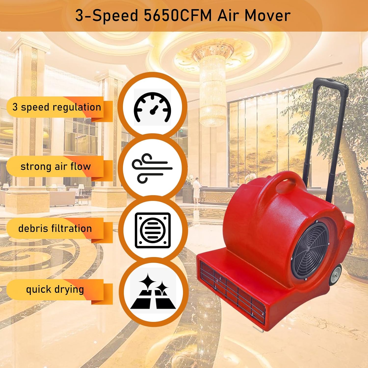 INTSUPERMAI 3-Speed Air Mover 5650CFM Air Mover 1.2HP/900W Floor Blower Carpet Dryer Commercial Floor Drying Fan Janitor Red 110V