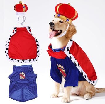 Dog King Costume - Halloween Prince Dog Costume, Pet King Cloak Costumes Includes Ruby Crown Hat & Cape for Small Medium Dogs Pets, Puppy Royal Cosplay Outfit for Halloween Christmas Party, Medium
