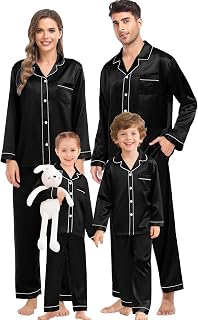 Family Matching Pajama Set Women/Men/Kids Satin Pajamas Long Sleeve Sleepwear Button Down Loungewear 2 Pcs Pj Set