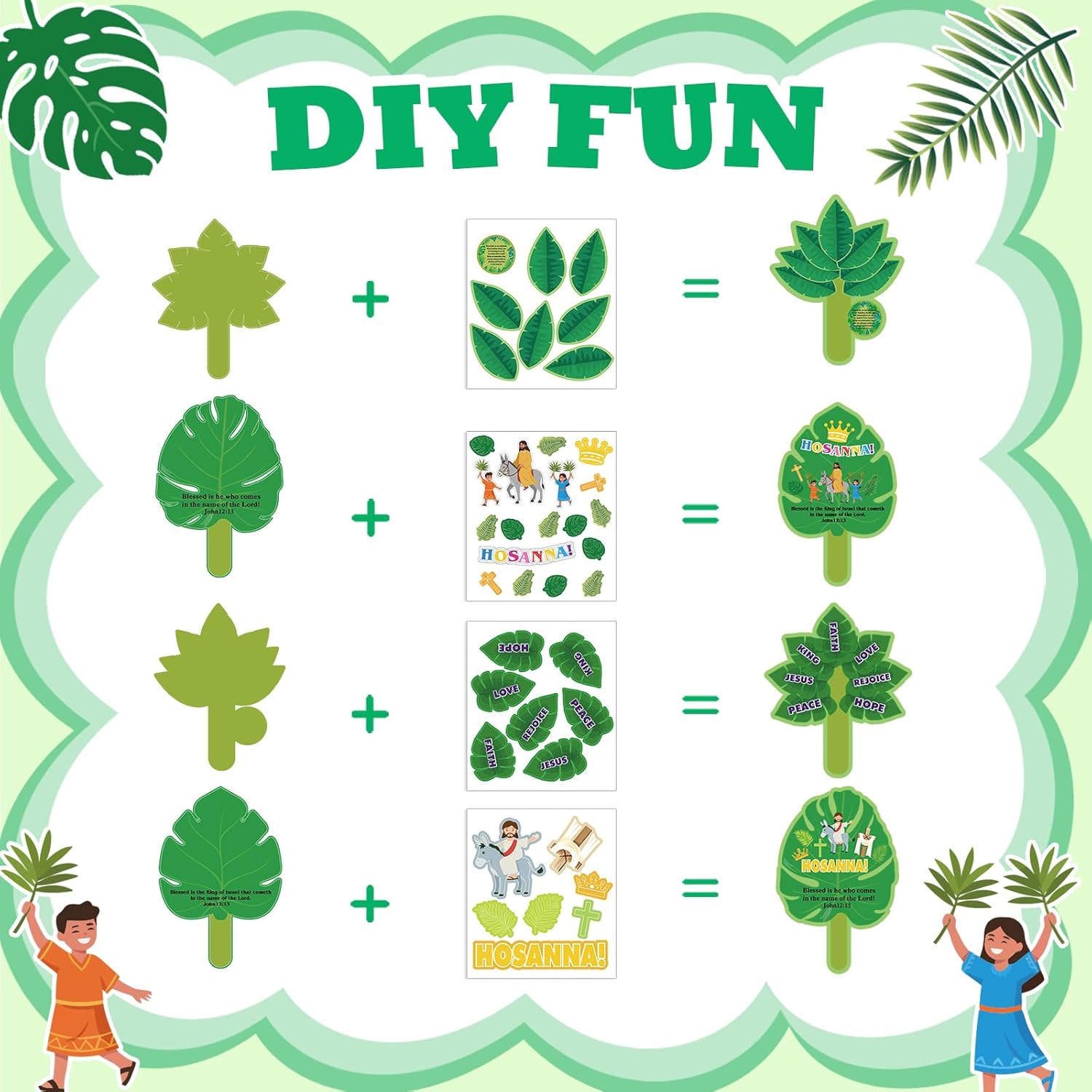 HOWAF 24 Sets Palm Sunday Crafts, Make Your Own Palm Leaves Religious Easter Prayer Card with Stickers, Sunday School Classroom Craft Kits for Church, Home Holy Week Activities & Gifts