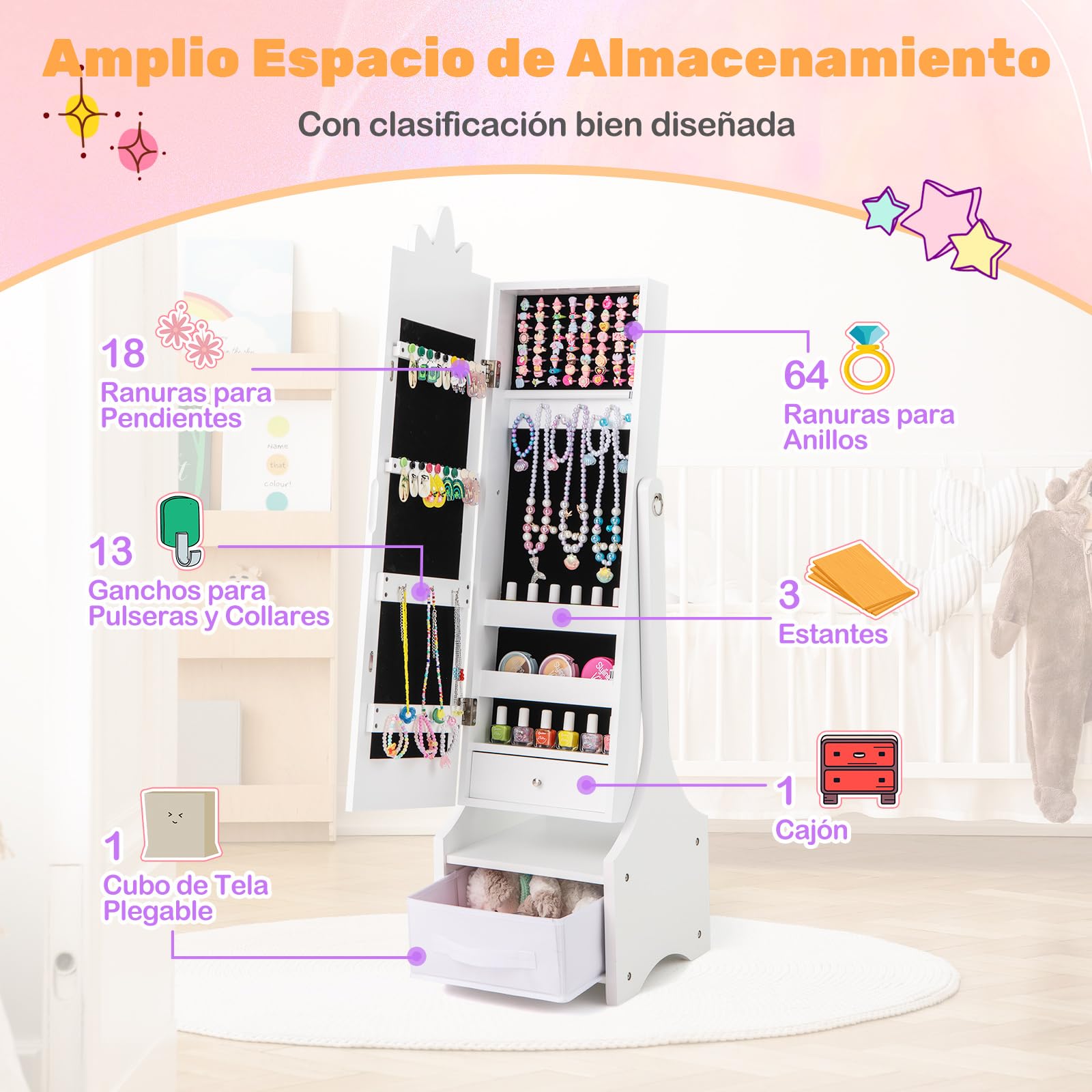 COSTWAY Armario de Joyería para Niñas, Espejo Joyero de Cuerpo Completo Independiente con Almacenamiento, Armario para Joyas Infantil con Ganchos, Estantes y Cajones (Blanco)