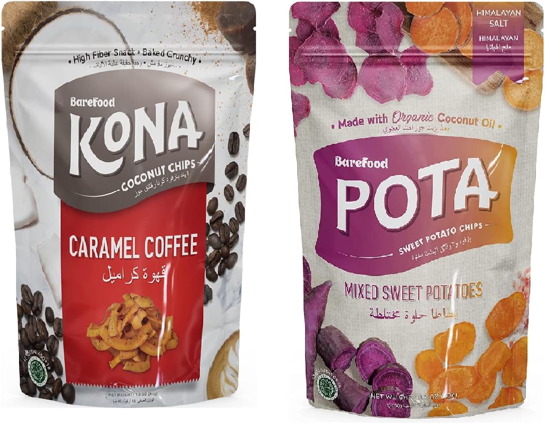 Barefood combo of Kona Coconut Chips Caramel Coffee (45gm) and Pota mixed sweet Potato Chips Himalayan Salt Flavour (50gm) / Gluten Free/Healthy Snacks (pack of 2)