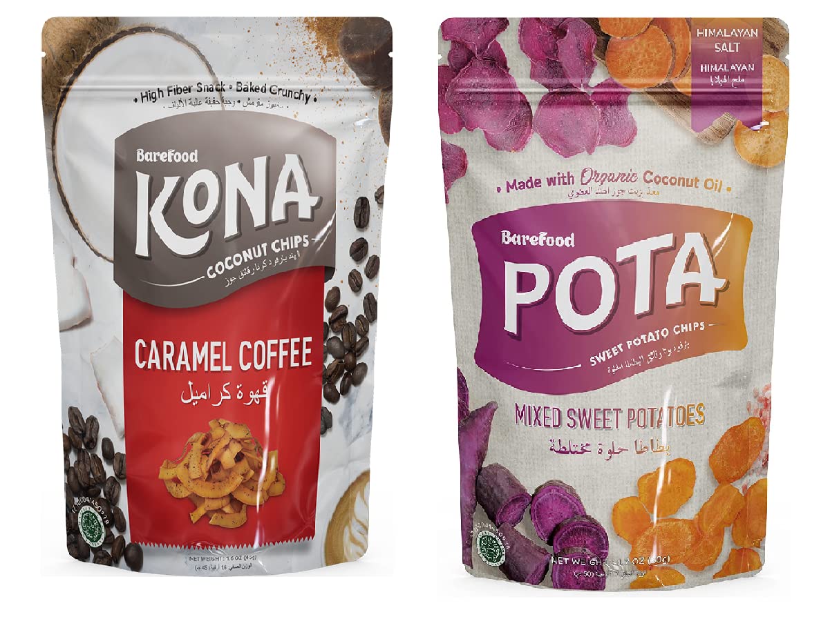 Barefood combo of Kona Coconut Chips Caramel Coffee (45gm) and Pota mixed sweet Potato Chips Himalayan Salt Flavour (50gm) / Gluten Free/Healthy Snacks (pack of 2)