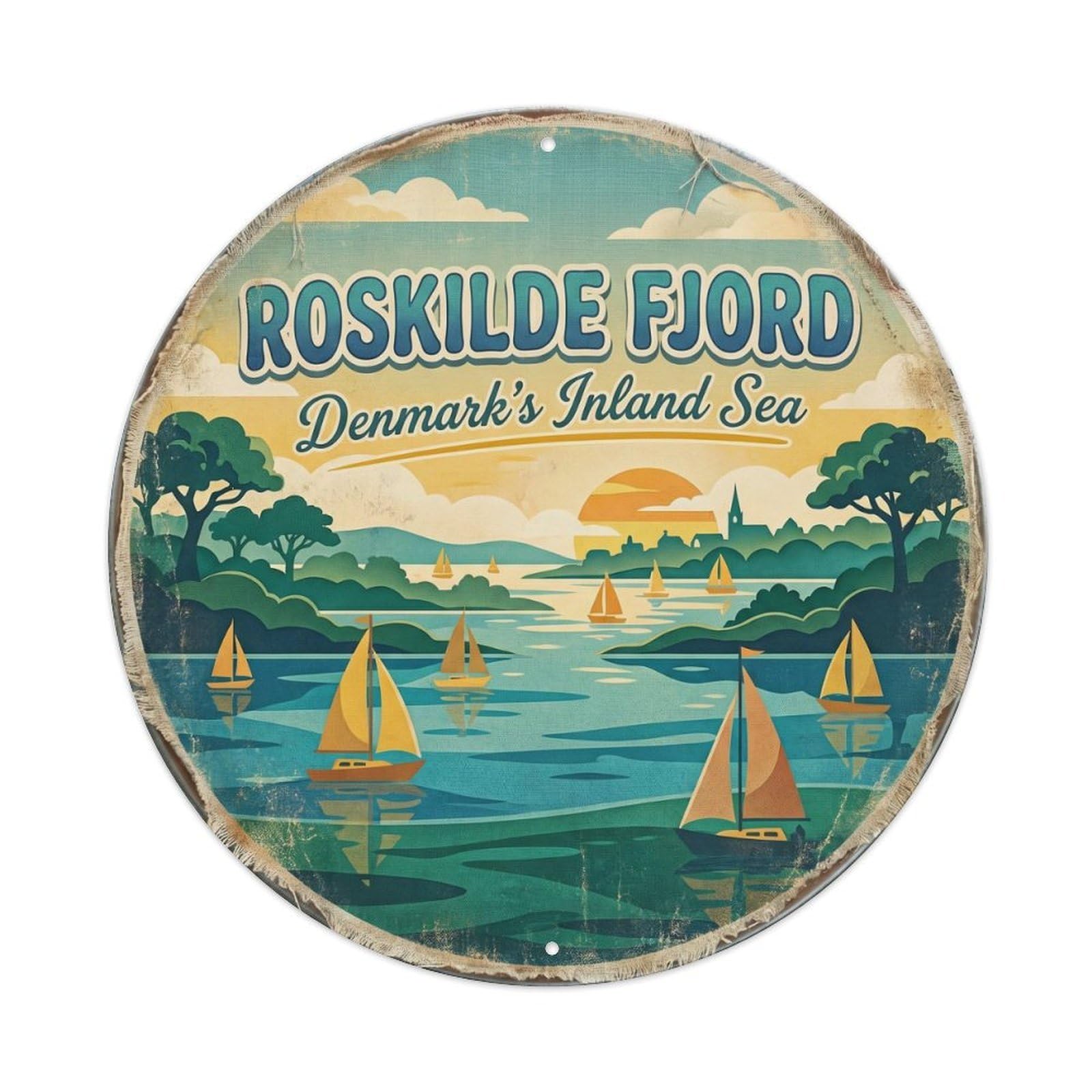 Cmhok Vintage Style-1 Vintage Travel Fjord Roskilde Artwork Metal Tin Sign Plaque Wall Decor For Cafe, Club, Garden Round Metal Poster 8X8inch