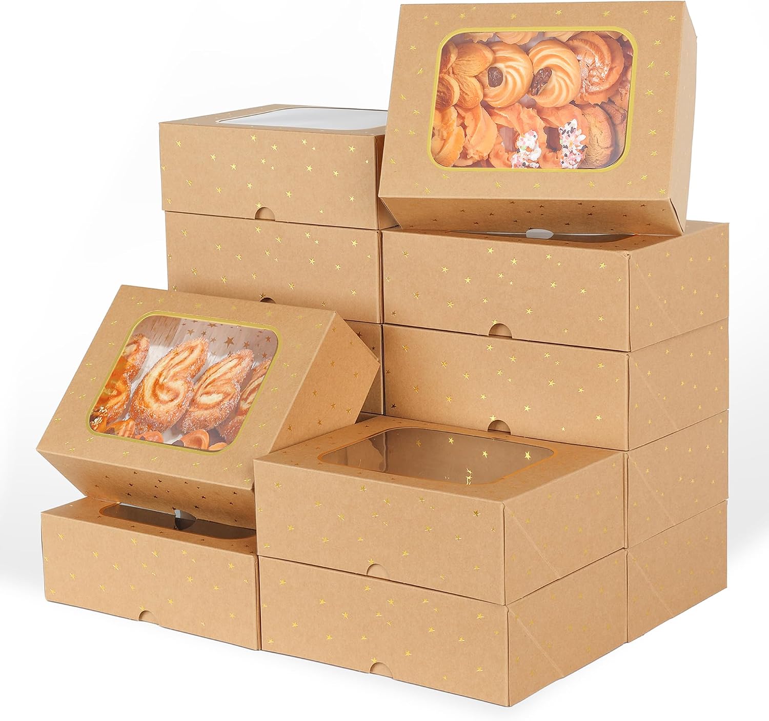 YEKTFS 24 Pcs Gold Star Cookie Boxes,Treat Boxes for Dessert 8.25" x 6" x 2.75" with Window, Bakery Brown Pastry Dessert Boxes for Chocolate Strawberries Muffins Donuts and Party Favor