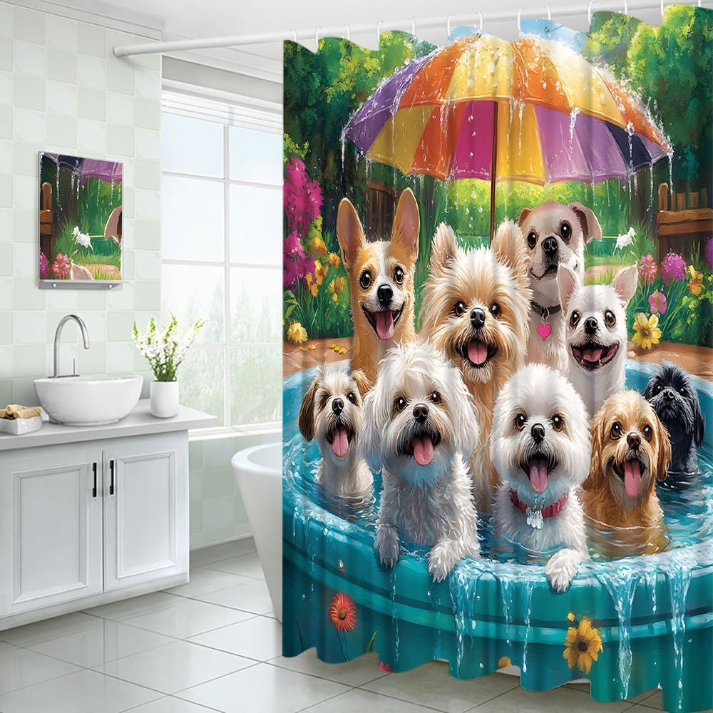 Cute Dogs Shower Curtain Lovely Animals Farmhouse Floral Funny Fabric Bathroom Decor Curtains with Hooks, 90" Wx70 H