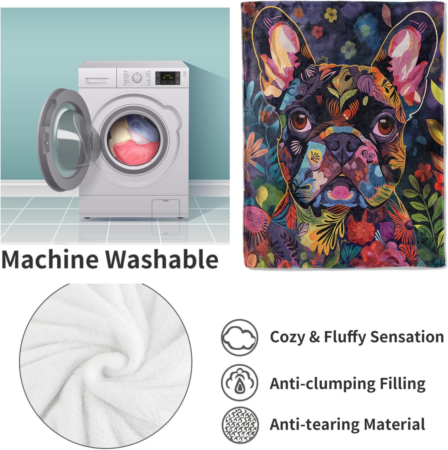 Colorful Floral French Bulldog Flannel Blanket,Artistic Flower and Pet Soft Lightweight Throw Blankets Gifts for Women Dog Lovers,50" x 60" Perfect for Couch Bed Home Travel Decor - Image 4