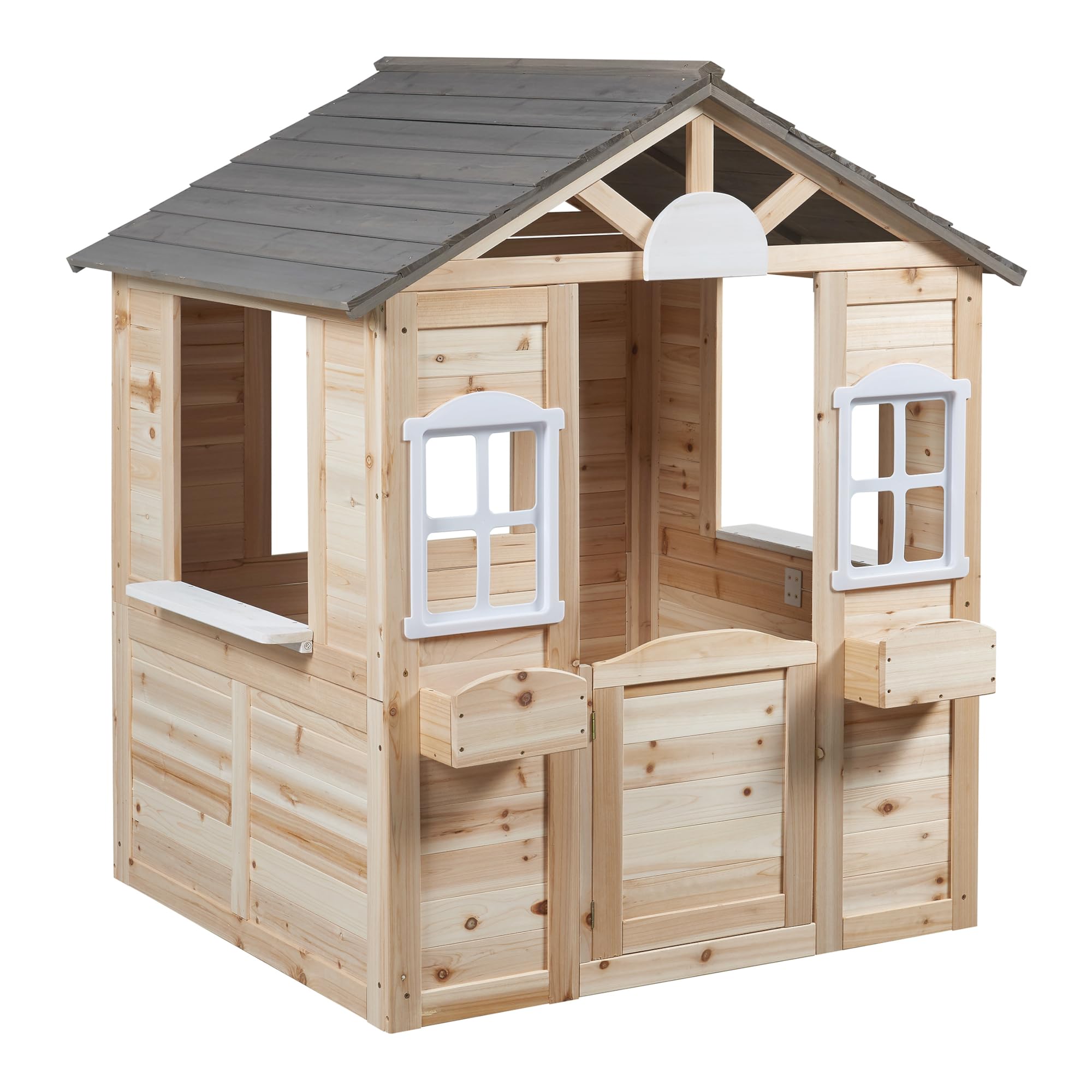 casa.pro Casa de Juegos Acciano con Jardineras Casita para Niños con Ventanas y Puerta Abatible Casa de Madera para Exterior y Jardín de Madera de Abeto 131x113x97 cm - Natural/Gris