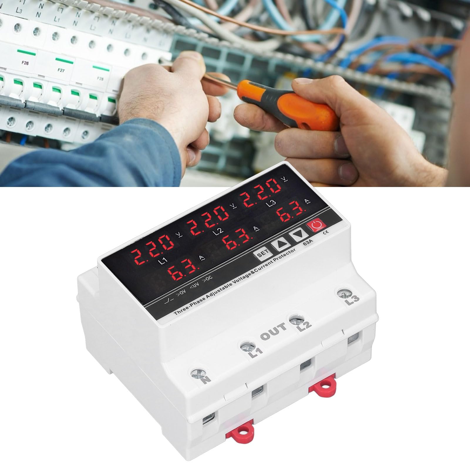Protezione Professionale Sovratensione e Sovracorrente Regolabile, Protezione Sottotensione CA 120 V- 300 V 63 A 3 Fasi A 3 Fili, Protezione Multifunzionale per Voltmetro