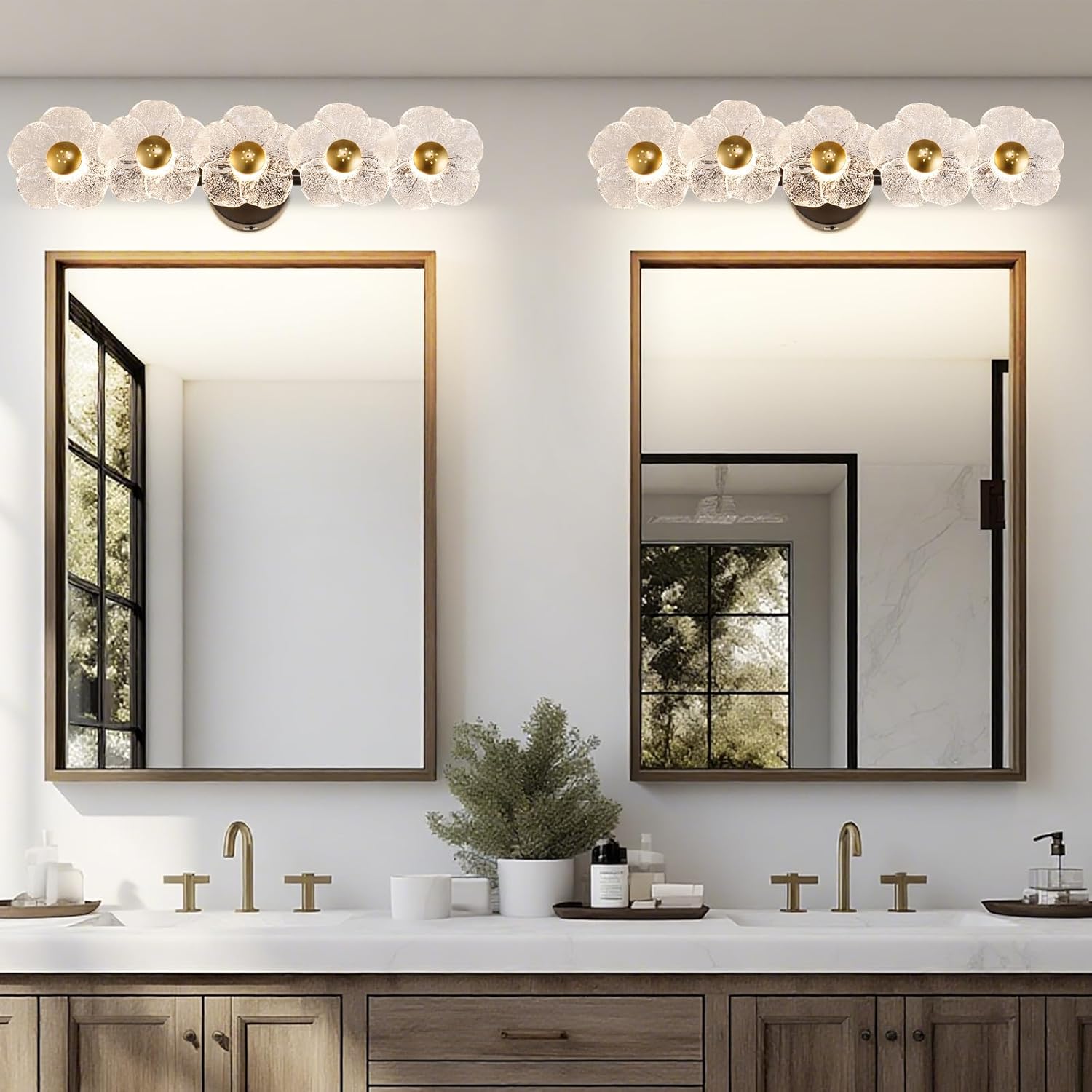 26.7" Black Bathroom Light Fixtures 5 Light Floral Bathroom Vanity Light, 3-Color Temperature Vanity Light Elegant Led Wall Lights Cordless Wall Sconces for Decor,Restroom,Livingroom,Bedroom