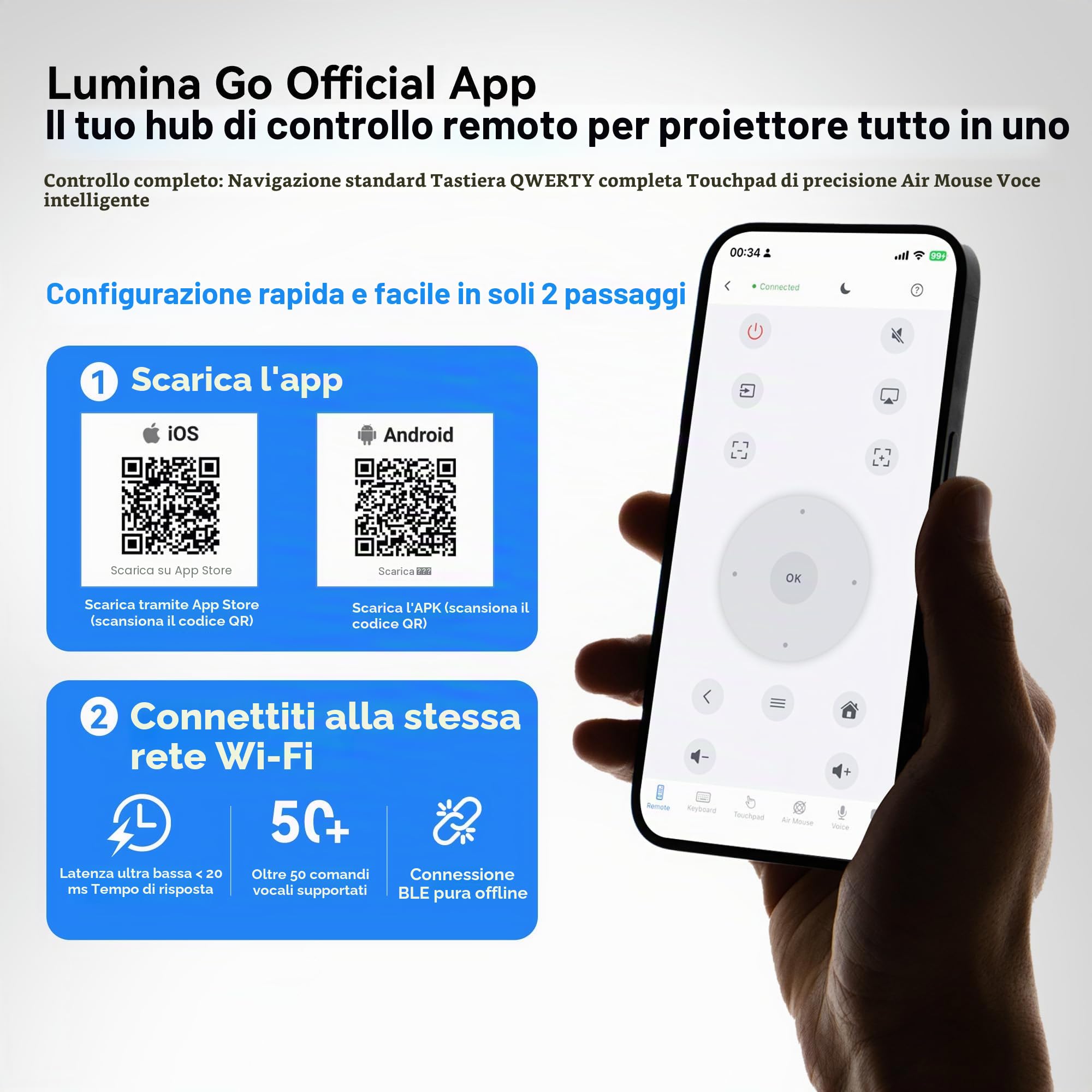 [Controllo vocale KI/Android 14] Smart Beamer, 1080P nativo, 4K supporto | 800 ANSI, audio HiFi, messa a fuoco automatica/correzione trapezoidale, WiFi 6 & BT 5.4, proiettore home cinema