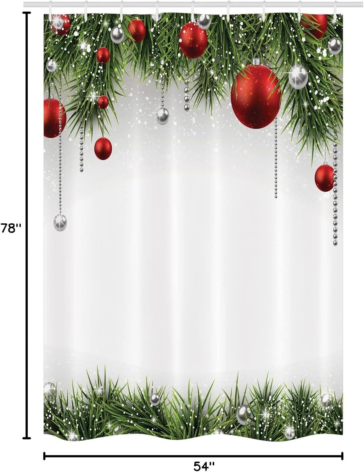Ambesonne Christmas Stall Shower Curtain, Classical Christmas Ornaments and Baubles Coniferous Pine Tree Twig Tinsel Print, Fabric Bathroom Decor Set with Hooks, 54" W x 78" L, Green Red