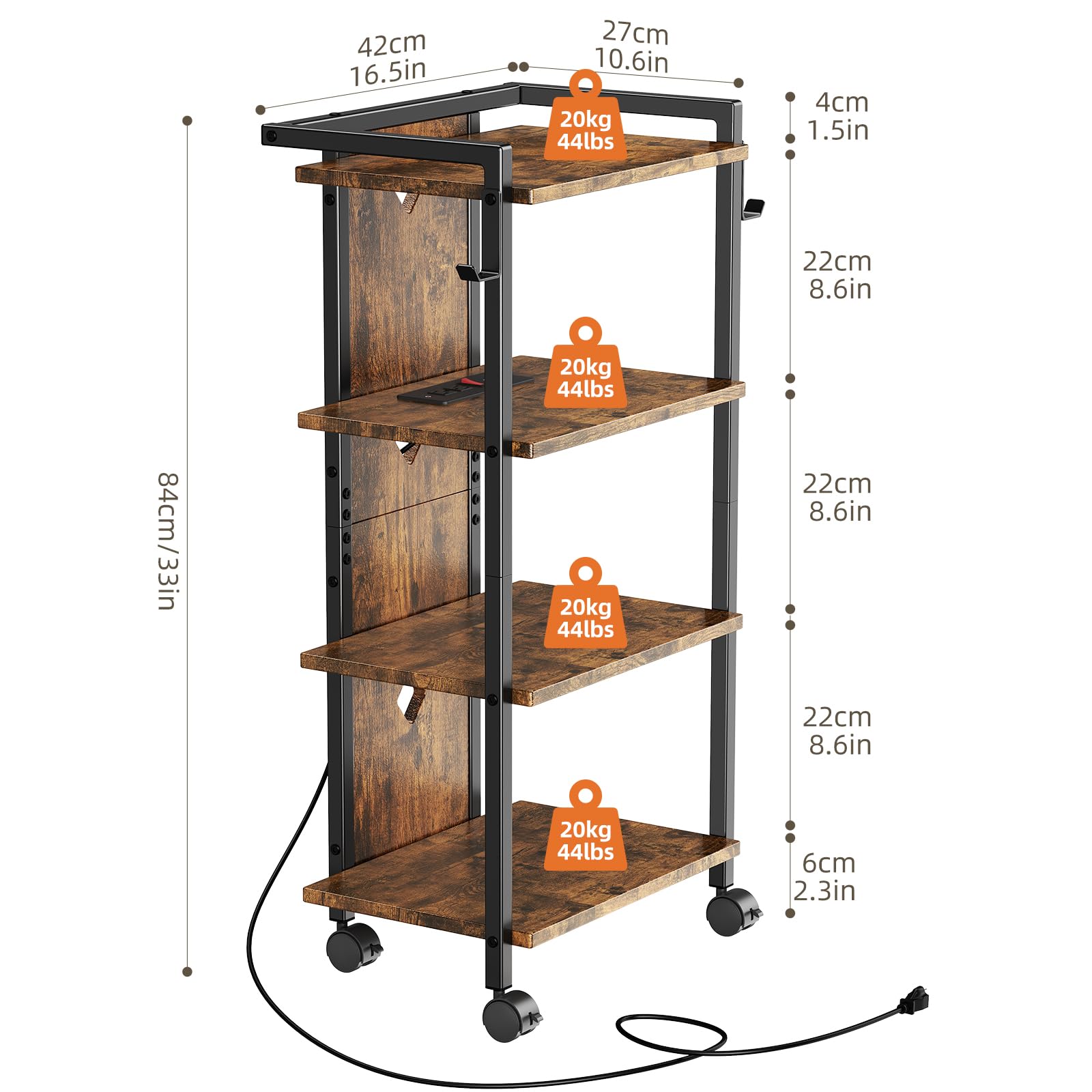 CABTE Soporte multimedia móvil AV con tomas de corriente, consola multimedia de 4 niveles con 4 ruedas giratorias, soporte de entretenimiento versátil para dispositivos estéreo y juegos, resistente y
