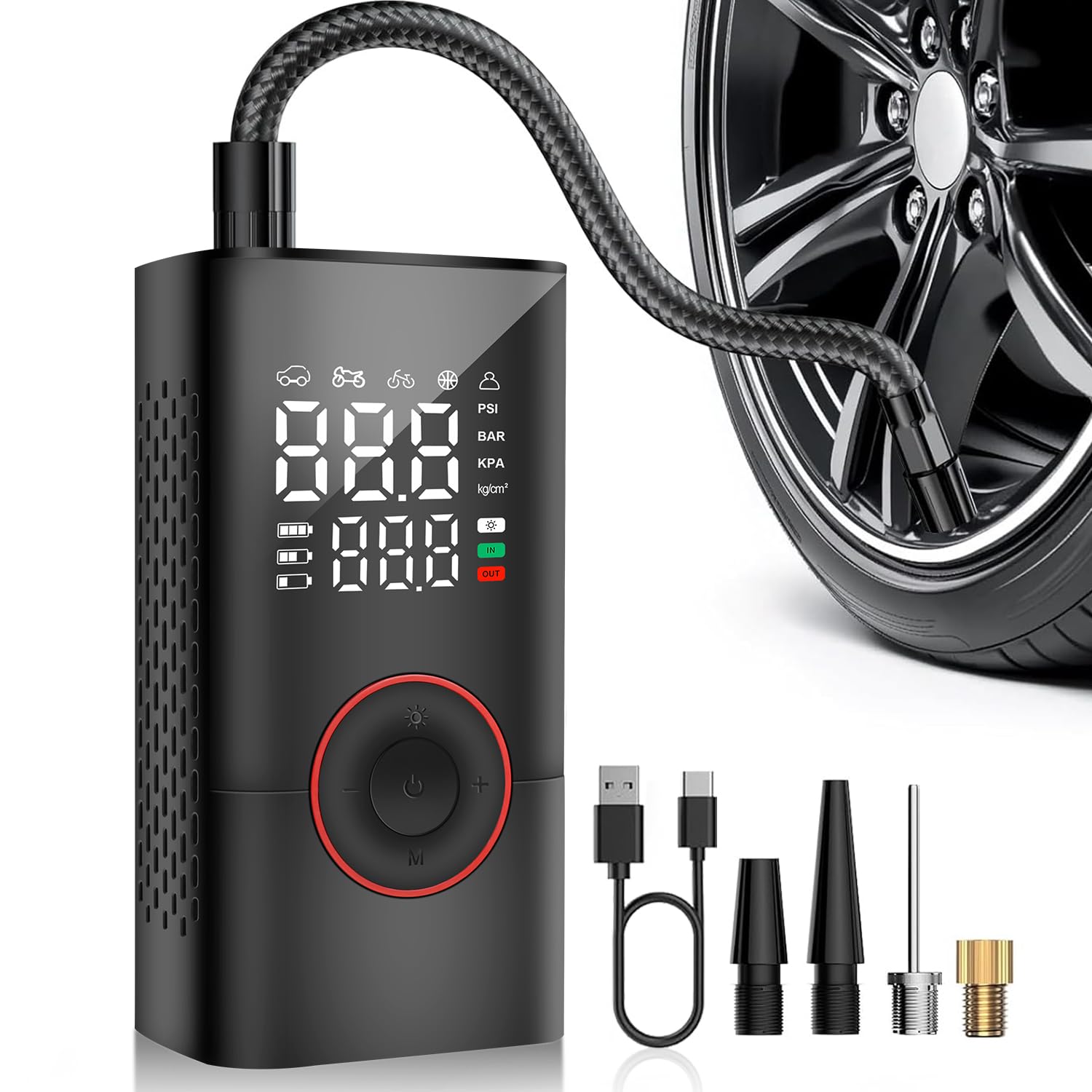 COOLMAN Tire Inflator Portable Air Compressor, 150PSI Cordless Electric Bike Pump, Portable Tire Inflator with LCD Pressure Gauge & LED Light, Ideal for Cars, Bicycles, Motorcycles, and Sports Balls