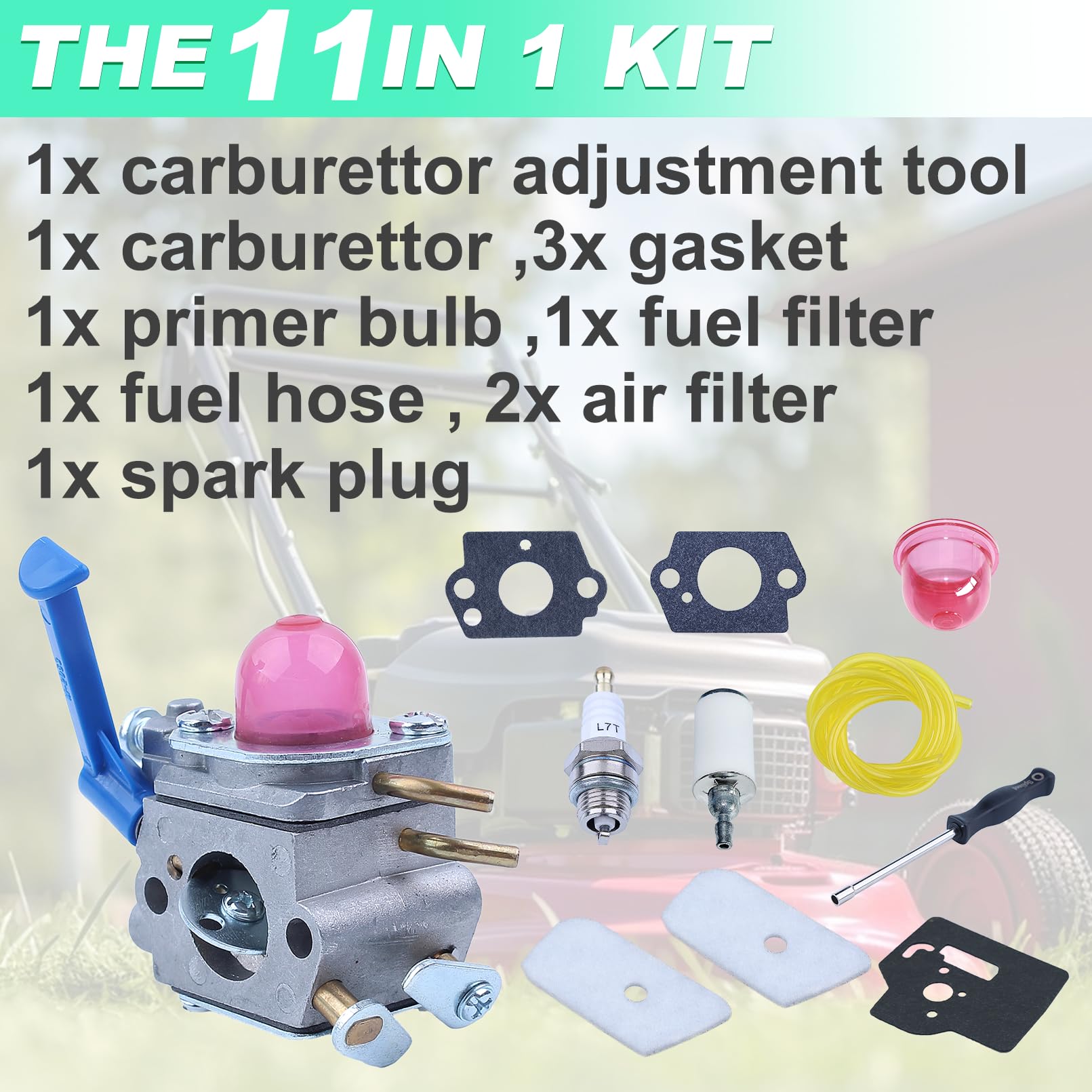 Kit Carburador para Husqvarna 128R 128C 128L y 128 Series, ADEFOL Carburador + Junta + Herramienta de Ajuste + Filtro Aire + Bujía Repuestos Reparacion Desbrozadoras 11 en 1