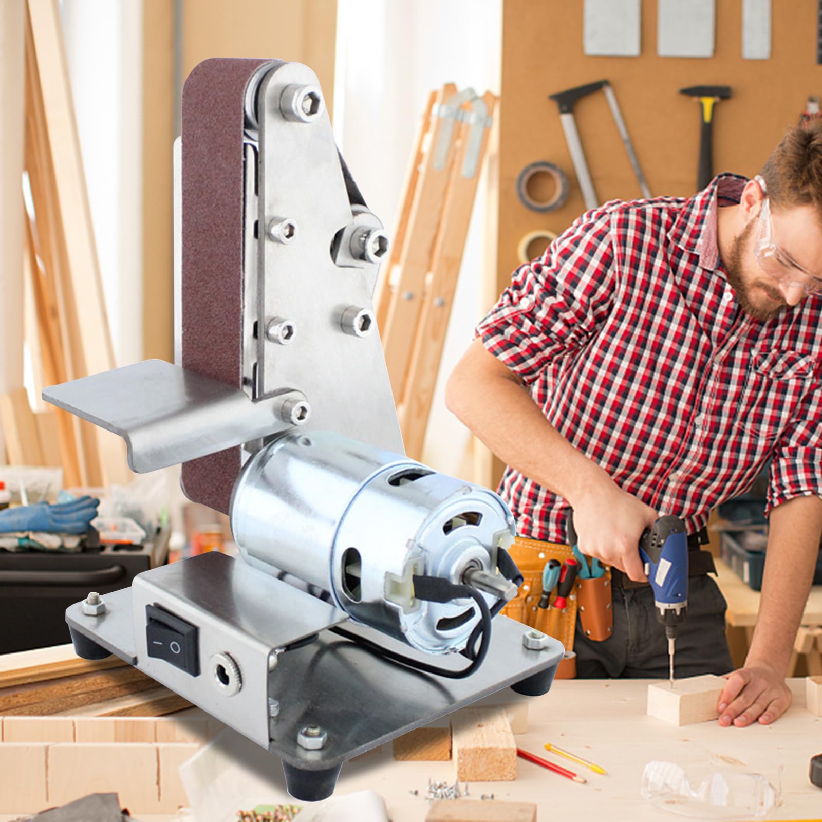 Mini Bandschleifer, Elektrische Bandschleifmaschine, DIY Polierschleifmaschine, 7 Gänge Polieren Schleifen Grinder Maschine mit 10 Schleifband Kit für Metall Holzbearbeitung Cutter Edger