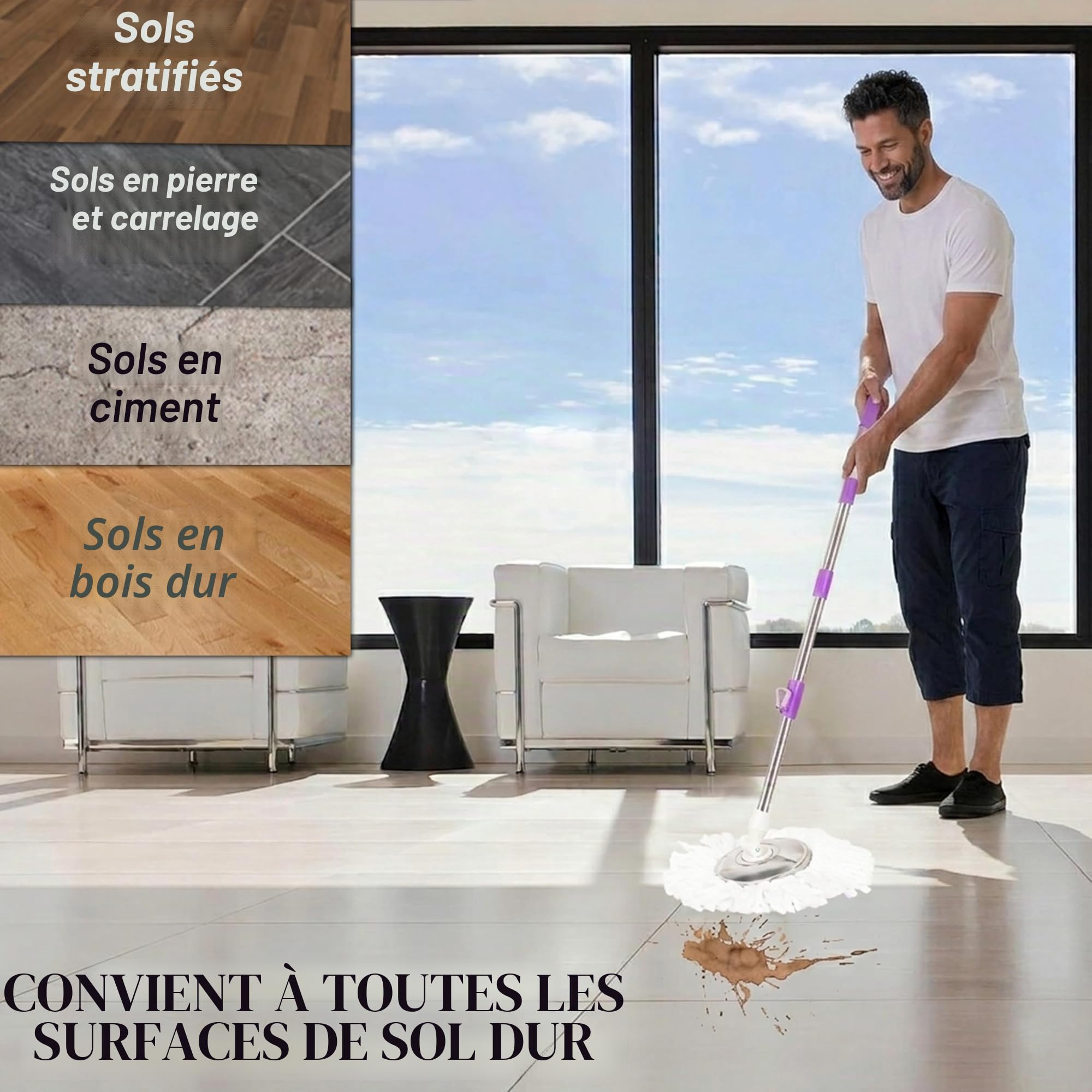 ARSUK Balai Rotatif 360° – Balai serpillère Ajustable, Manche Acier Inoxydable Extensible 127 cm – 2 Têtes Microfibre Remplaçables – Nettoyage Efficace sans Effort