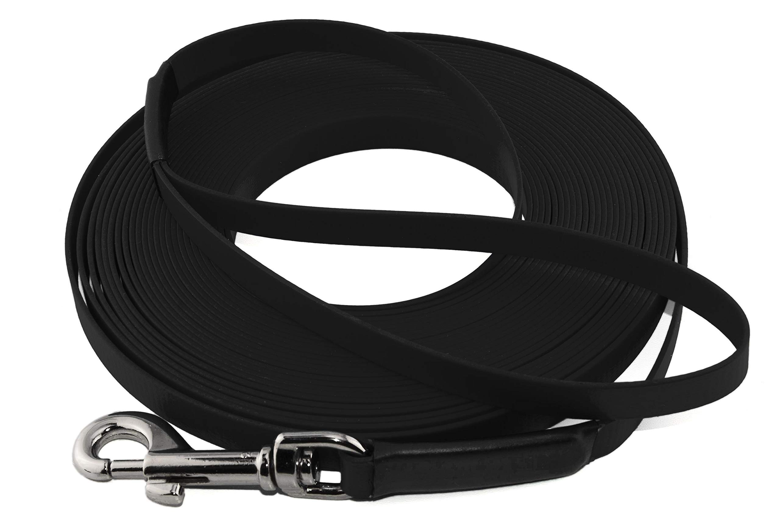 LENNIE Leichte BioThane Schleppleine, 19mm, Hunde ab 35kg, 10m lang, mit Handschlaufe, Schwarz, genäht