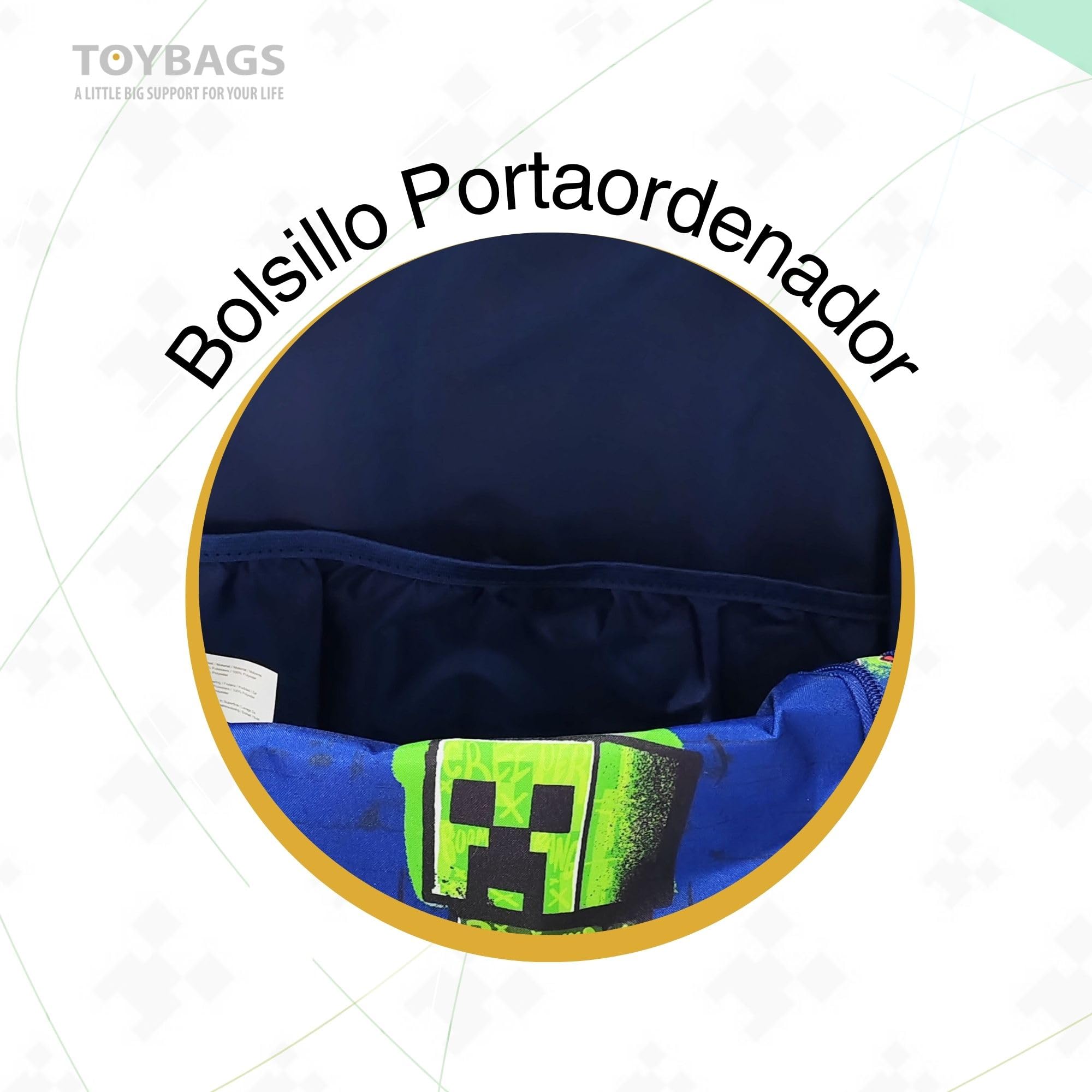 ToyBags Mochila Escolar Minecraft Boom Creeper Doble Compartimento Adaptable con Carro Negro con Protección Lateral y Stoper Frontal Anti Caída 4 Ruedas Giratorias - 44 x 30 x 20 cm